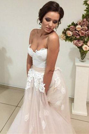 Long Sweetheart A-line Beige Wedding Dress with White Lace