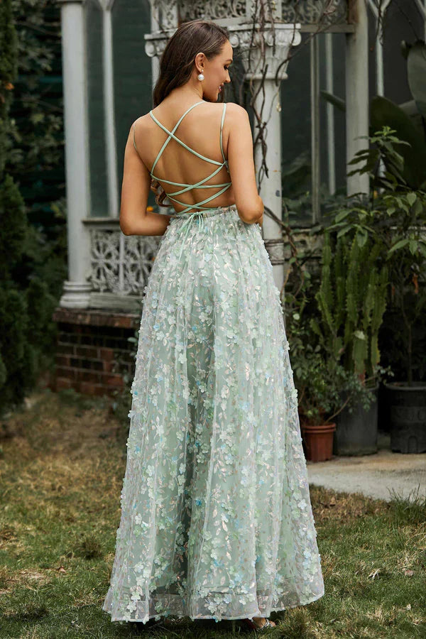 Aimishang Fashion Flowers Prom Dresses A-Line Evening Dress Lace Dress With Slit