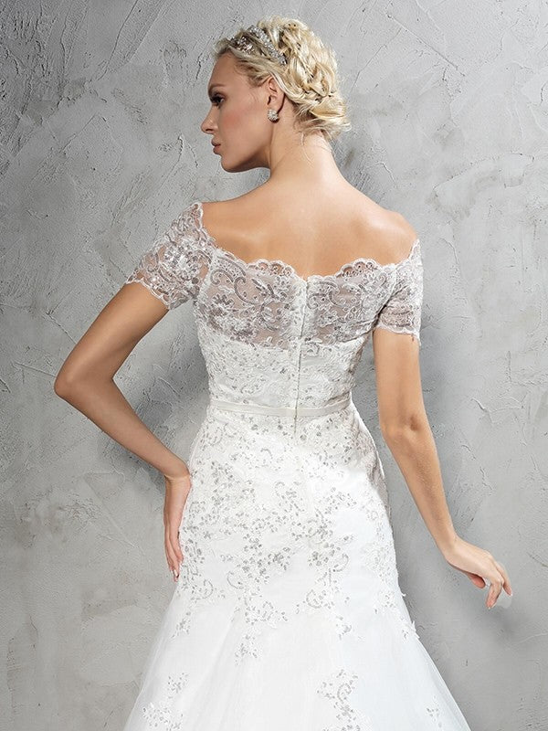 Sheath/Column Off-the-Shoulder Applique Short Sleeves Long Net Wedding Dresses