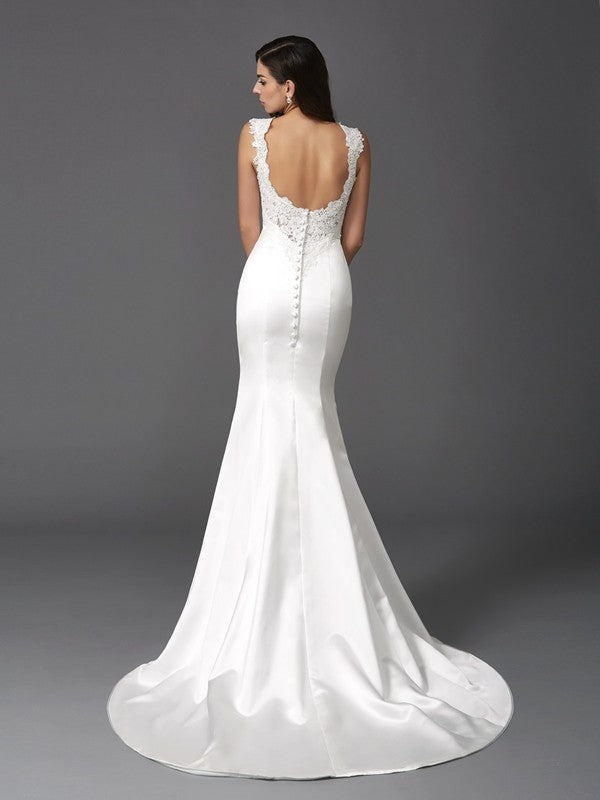 Aimishang  Trumpet/Mermaid Straps Beading Sleeveless Long Satin Wedding Dresses