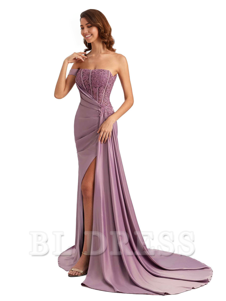 Mermaid Off Shoulder Applique formal dresses evening gown Bridesmaid Dresses With Side Slit