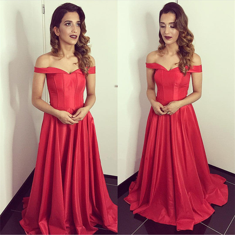 Long Satin V-neck Evening Gowns Off The Shoulder Prom Dress