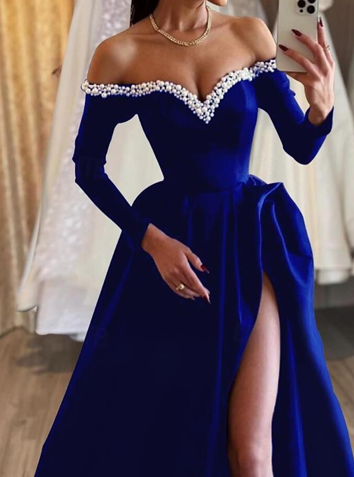 A-line sexy evening dress formal ball dress big swing/brush long sleeved off shoulder satin pearl slit 2025