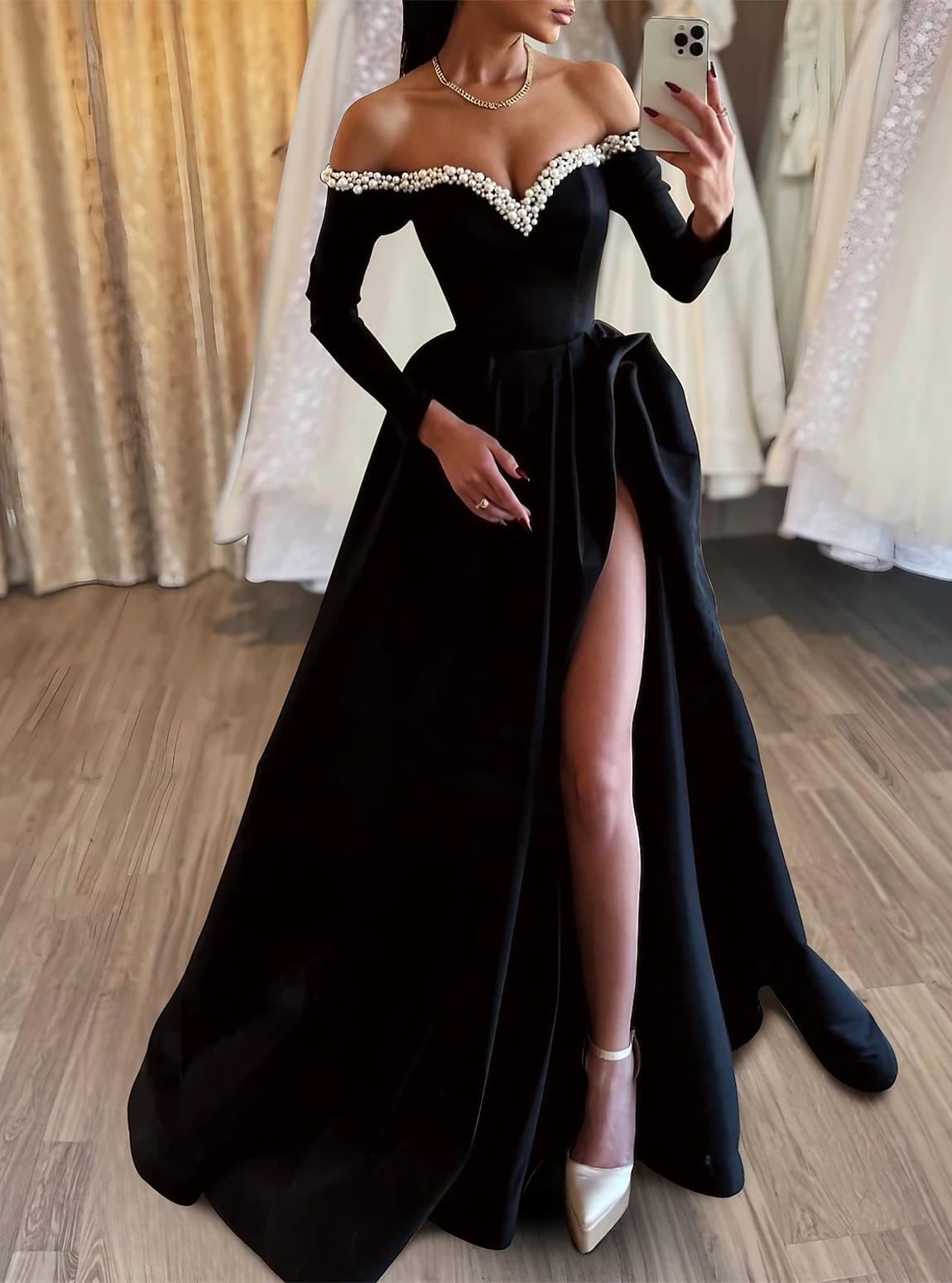 A-line sexy evening dress formal ball dress big swing/brush long sleeved off shoulder satin pearl slit 2025