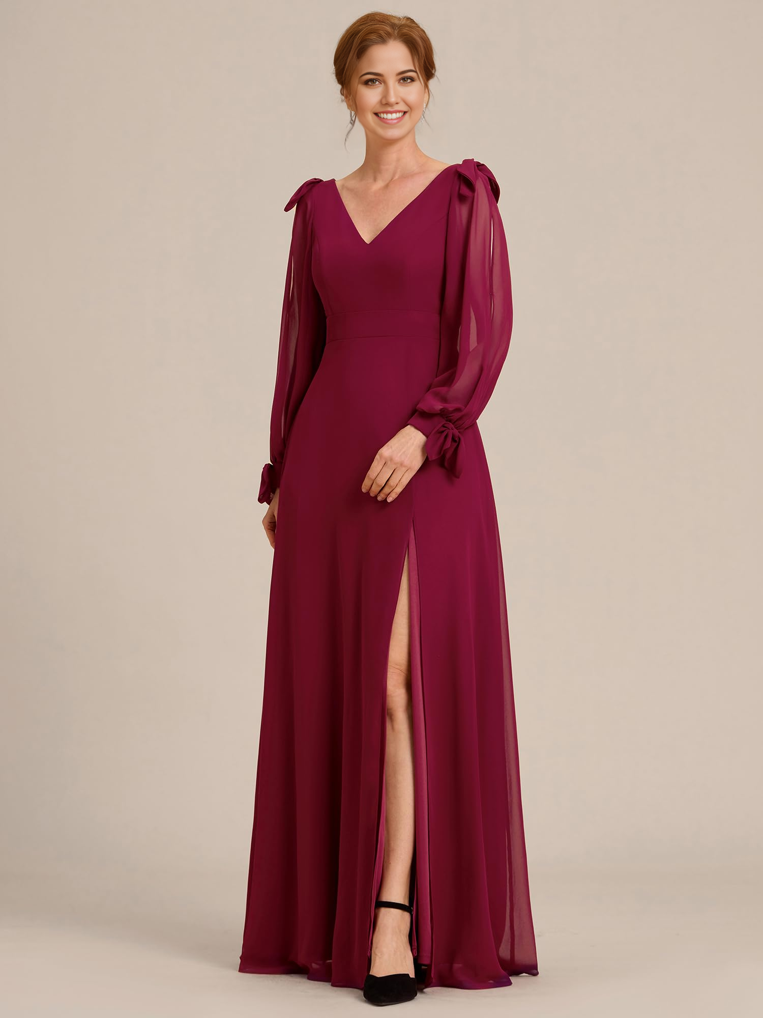 Elegant Double V Neck Long Sleeve High Waist Split formal dresses Bridesmaid Dresses evening gown Prom Dress Mother of the Bride Dresses