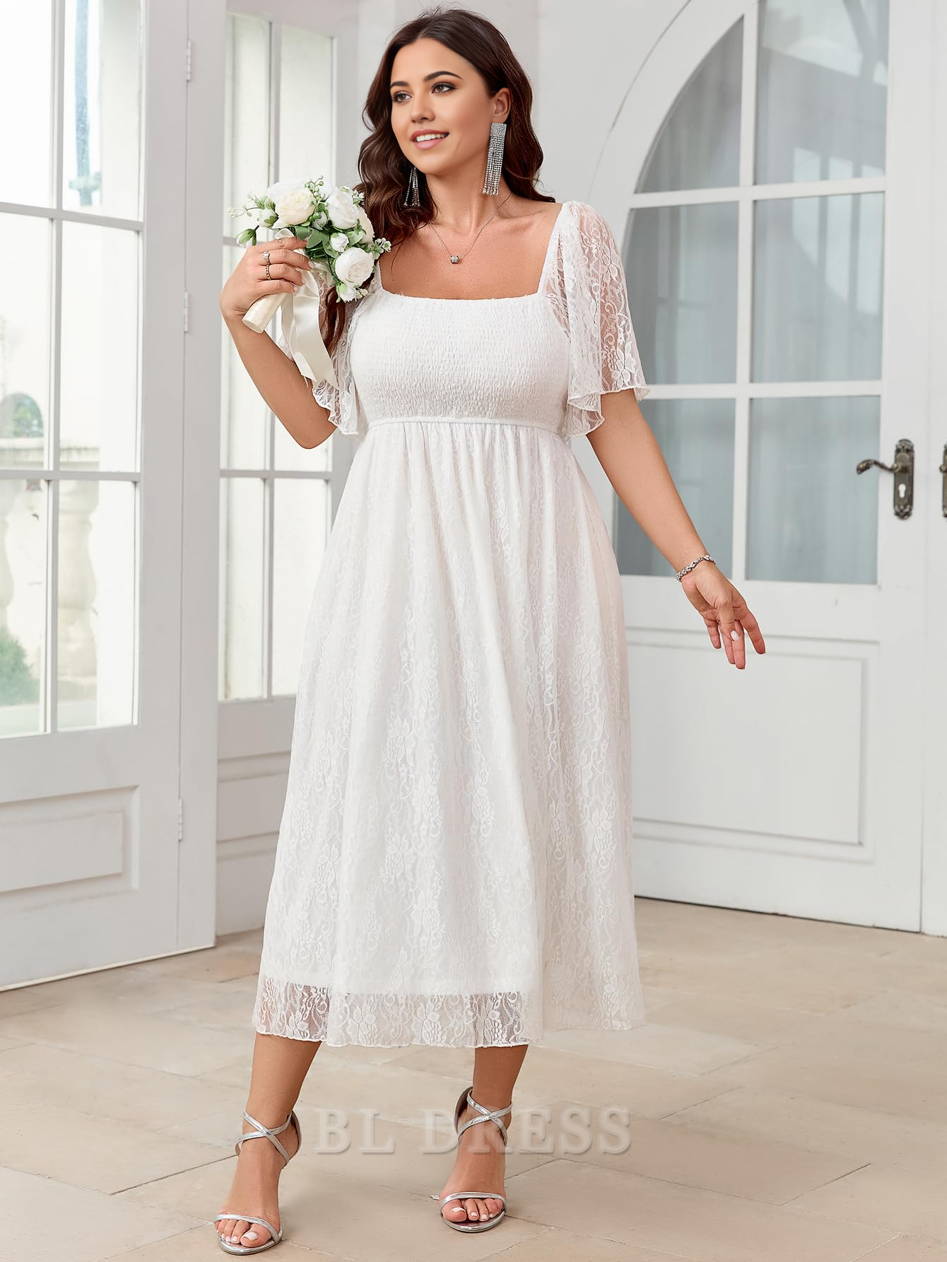 Plus Size Square Neck Lace Short Sleeve formal dresses Bridesmaid Dresses evening gown Prom Dress