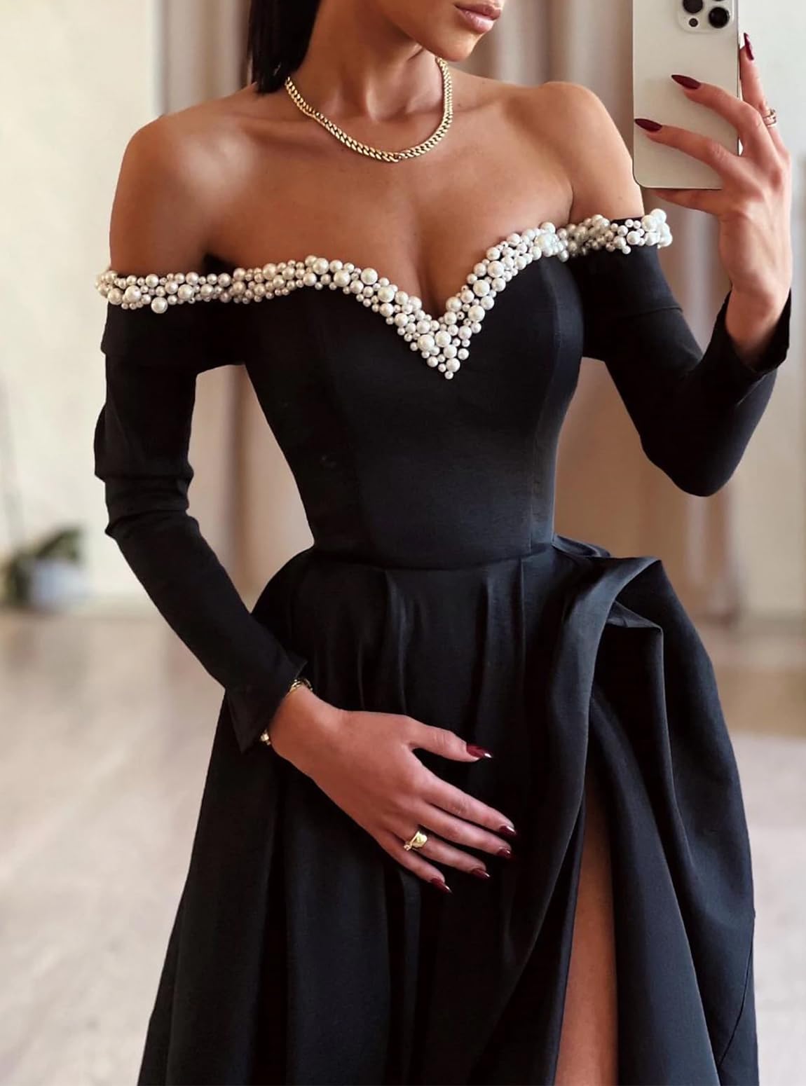 A-line sexy evening dress formal ball dress big swing/brush long sleeved off shoulder satin pearl slit 2025