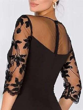 Aimishang A-Line Elegant Wedding Guest Dress Court Train Jewel Neck 3/4 Sleeve Evening Dress with Beading Slit Appliques Fall Wedding Guest Dress November