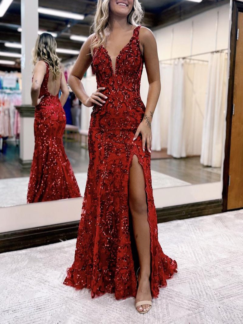 Mermaid V Neck Sequined Lace Prom Dress with Slit