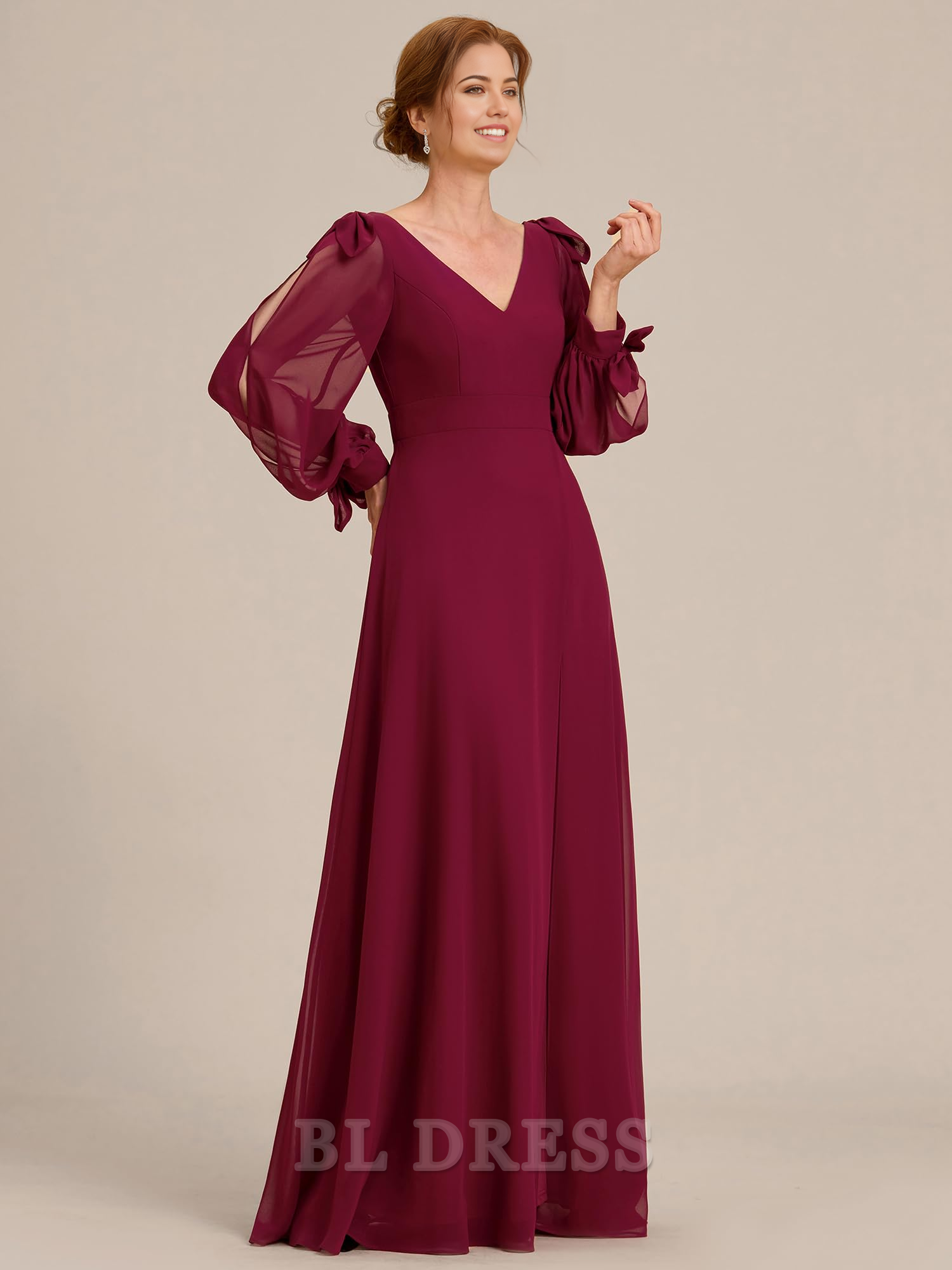 Elegant Double V Neck Long Sleeve High Waist Split formal dresses Bridesmaid Dresses evening gown Prom Dress Mother of the Bride Dresses