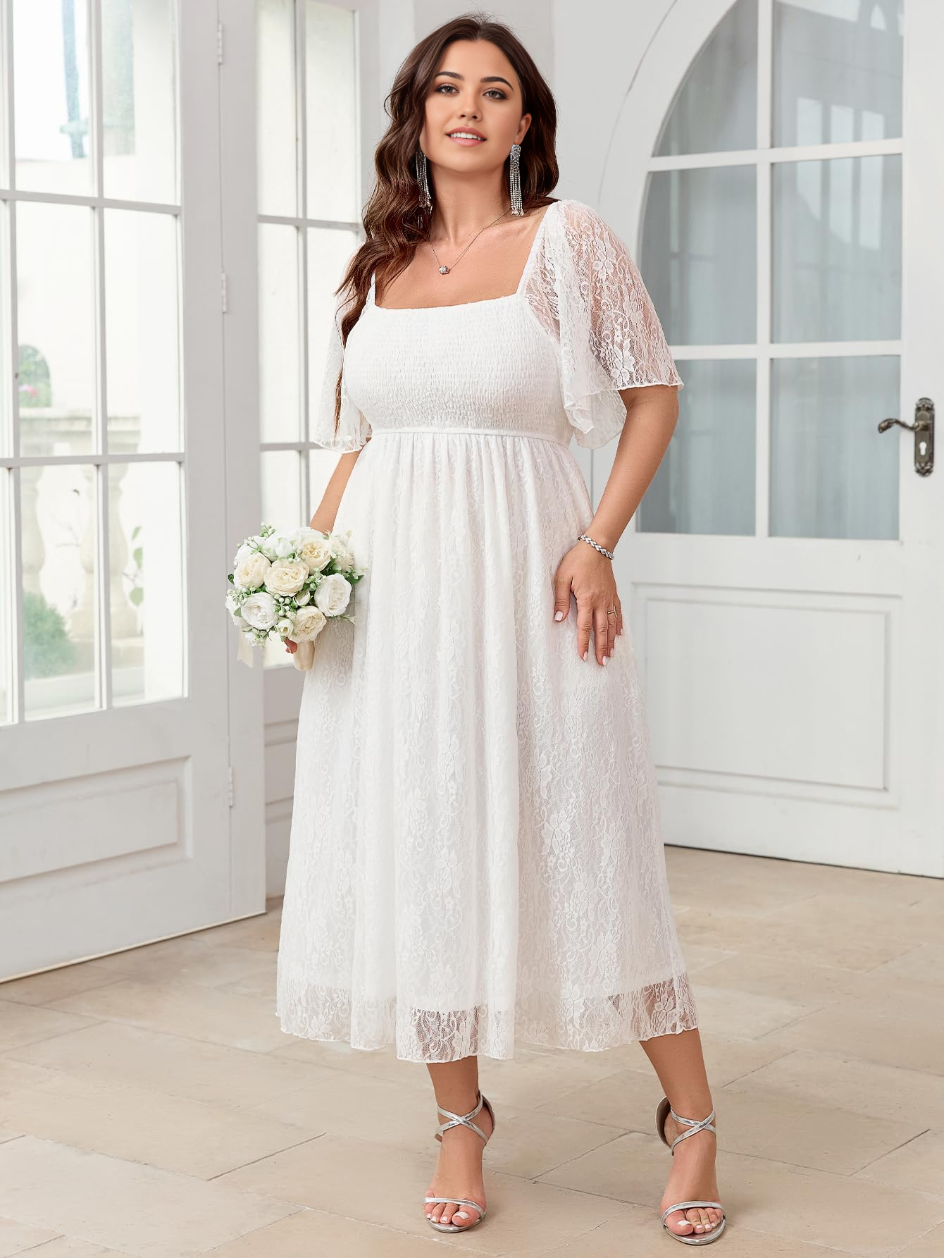 Plus Size Square Neck Lace Short Sleeve formal dresses Bridesmaid Dresses evening gown Prom Dress
