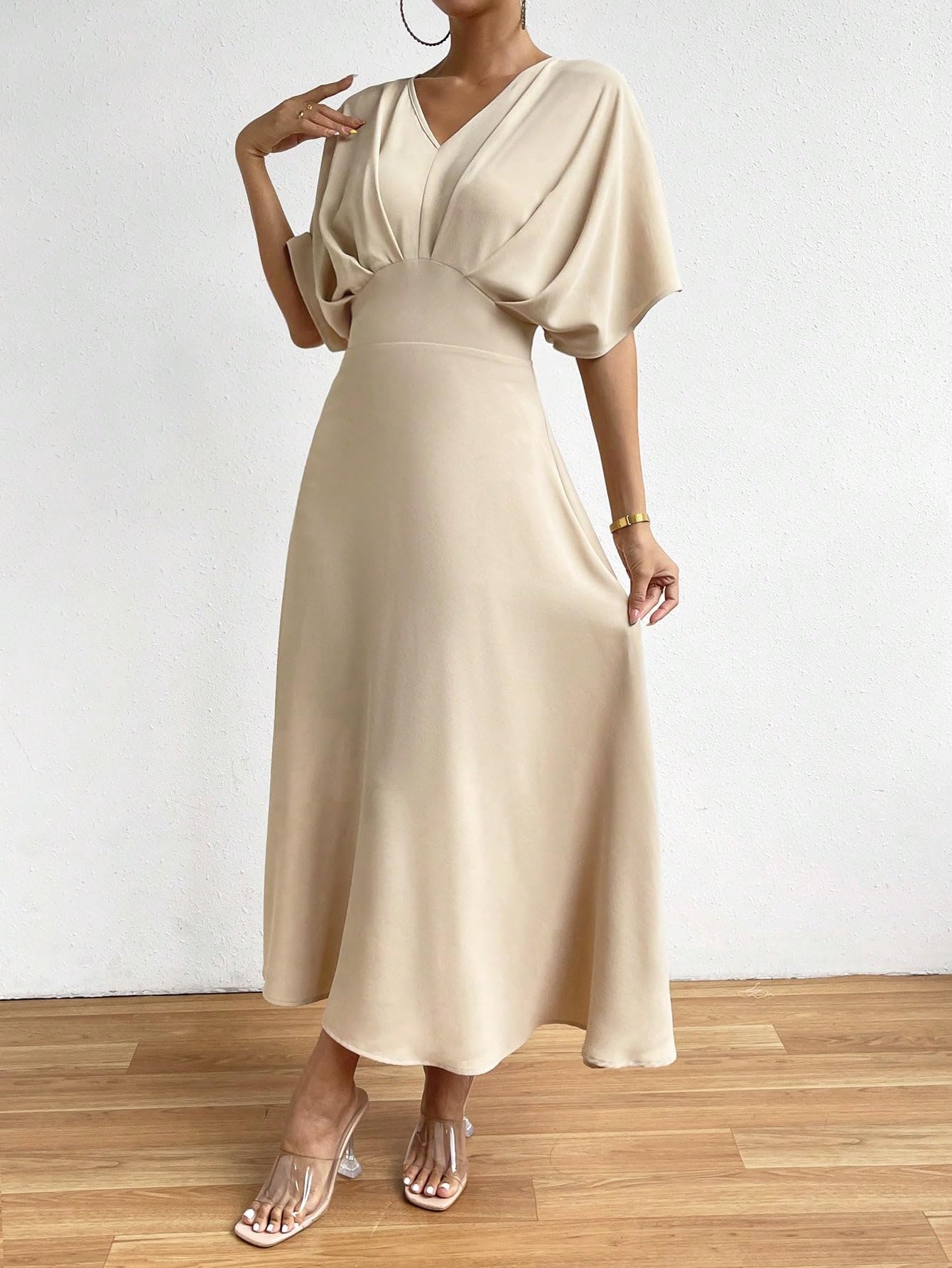 A Line V Neck Half Sleeve Ruched formal dresses Bridesmaid Dresses evening gown Prom Dress
