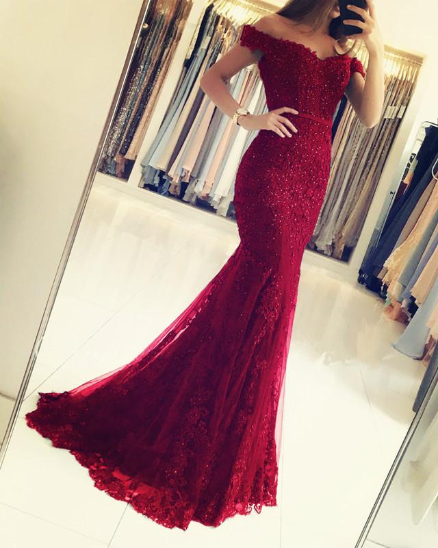 Off The Shoulder Prom Dresses Lace Mermaid V-neck Evening Gowns