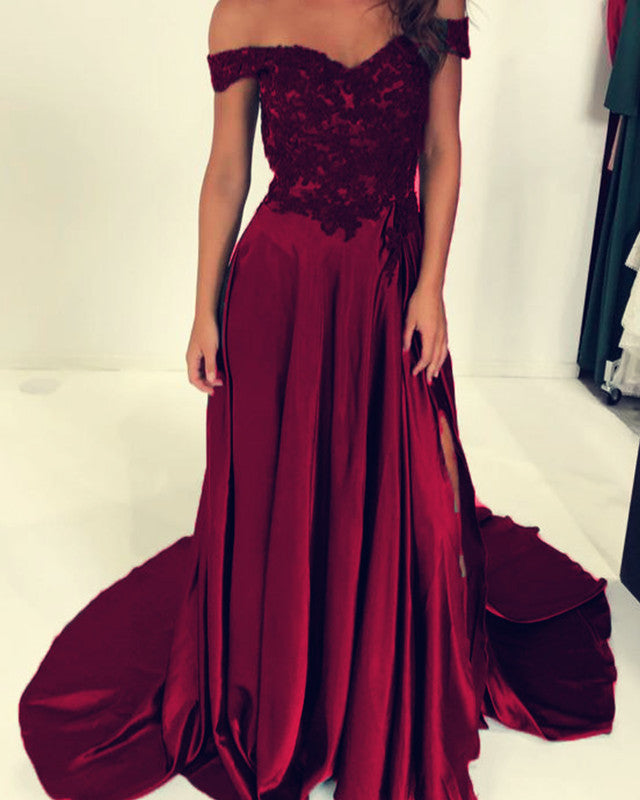 Elegant Lace V-neck Off-the-shoulder Long Satin Split Prom Dresses