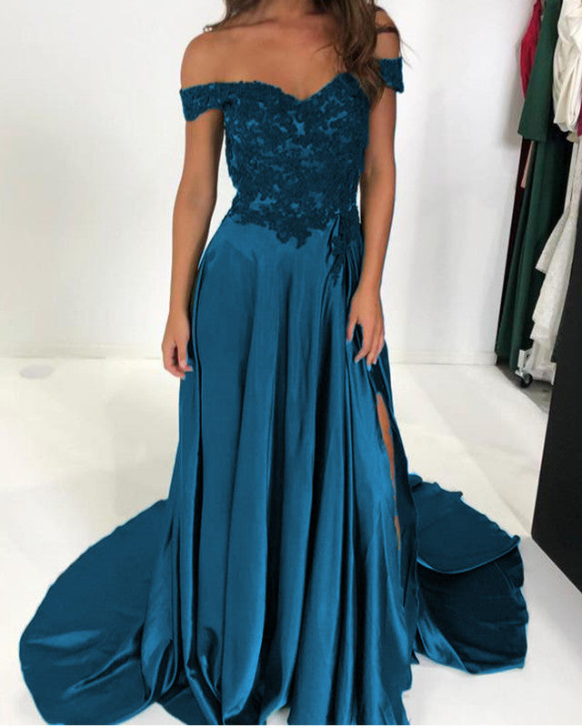 Elegant Lace V-neck Off-the-shoulder Long Satin Split Prom Dresses