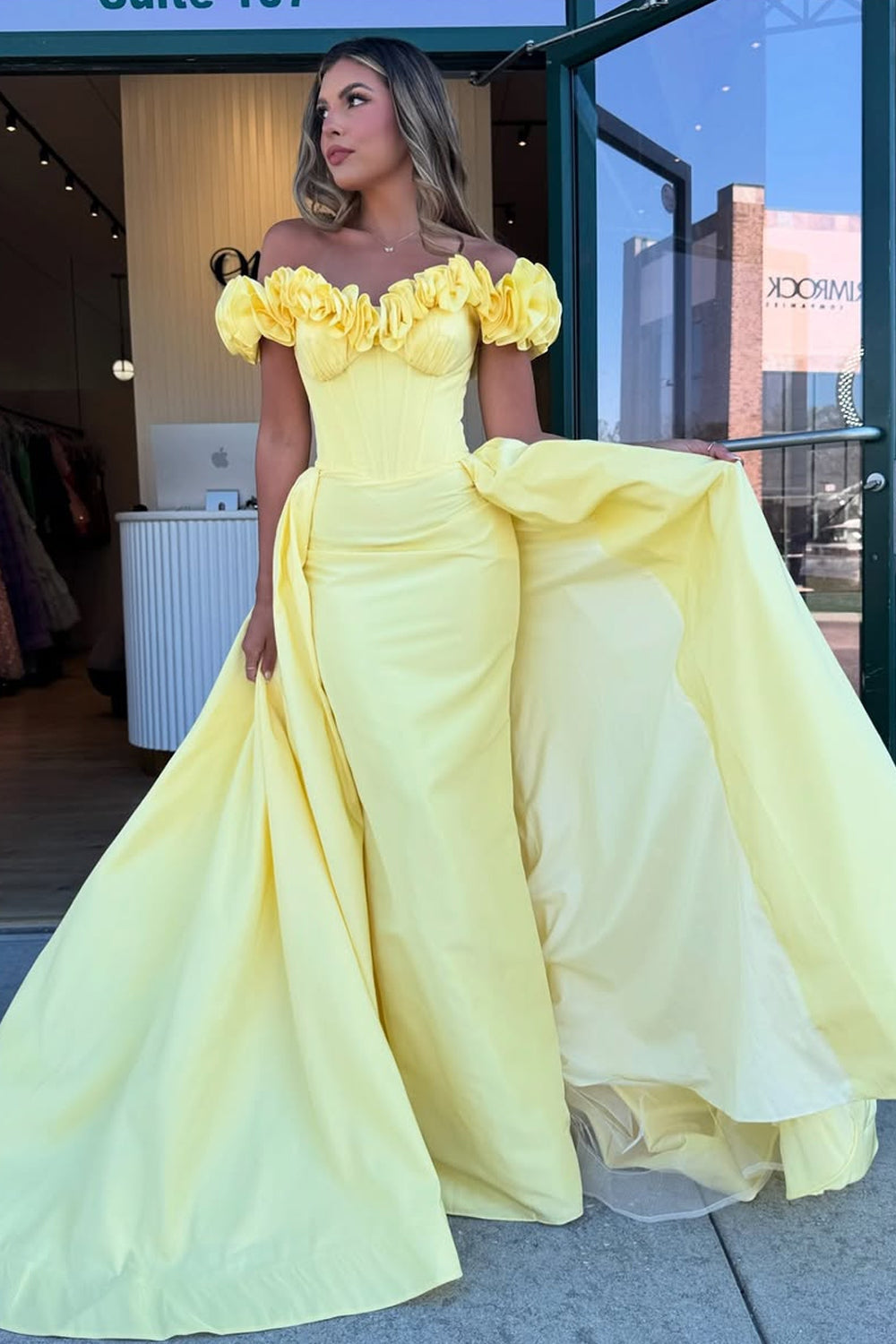 Mermaid Off the Shoulder Yellow Satin Long Prom Dresses