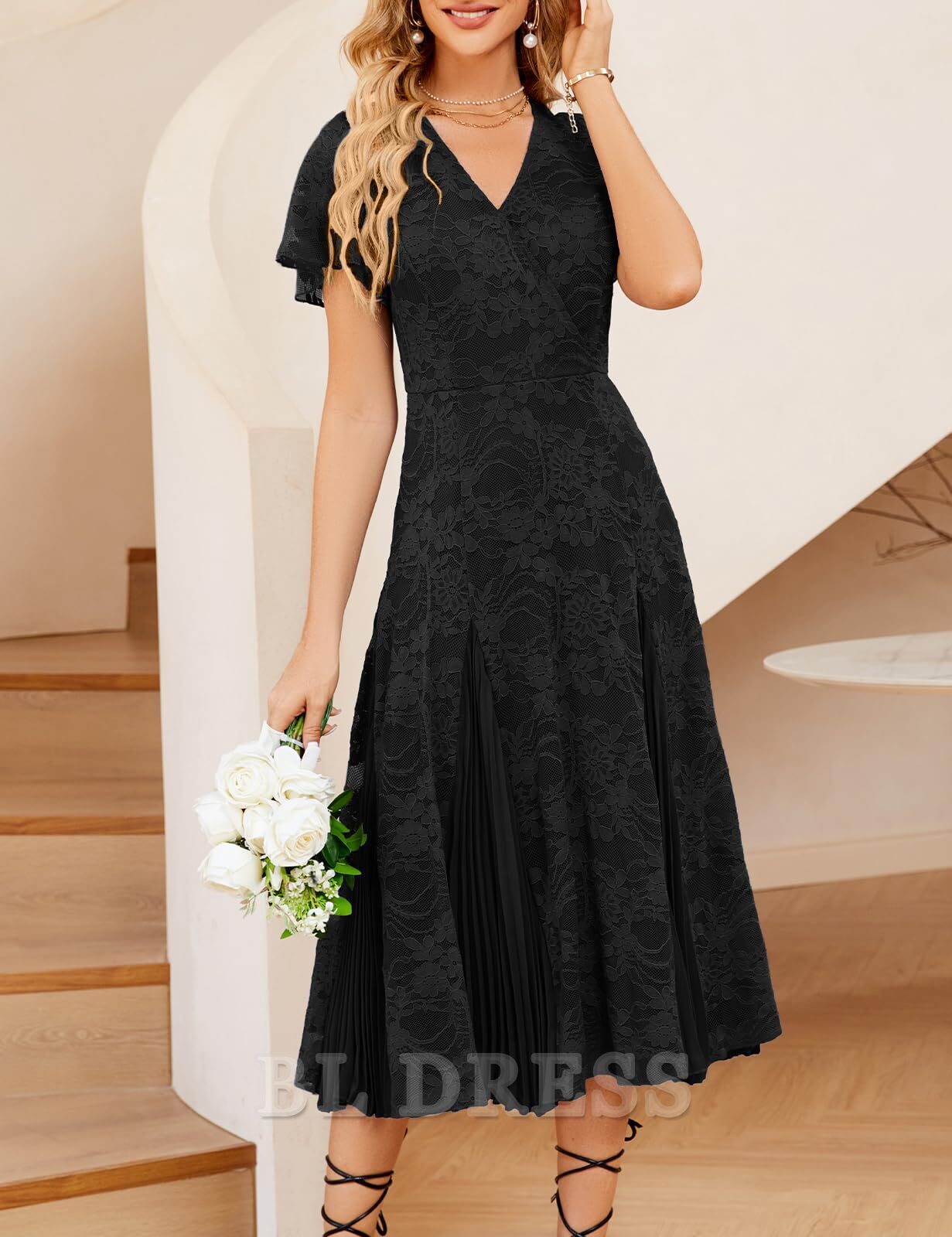 A Line V-Neck Lace Short Sleeve Pleated formal dresses Bridesmaid Dresses evening gown Prom Dress