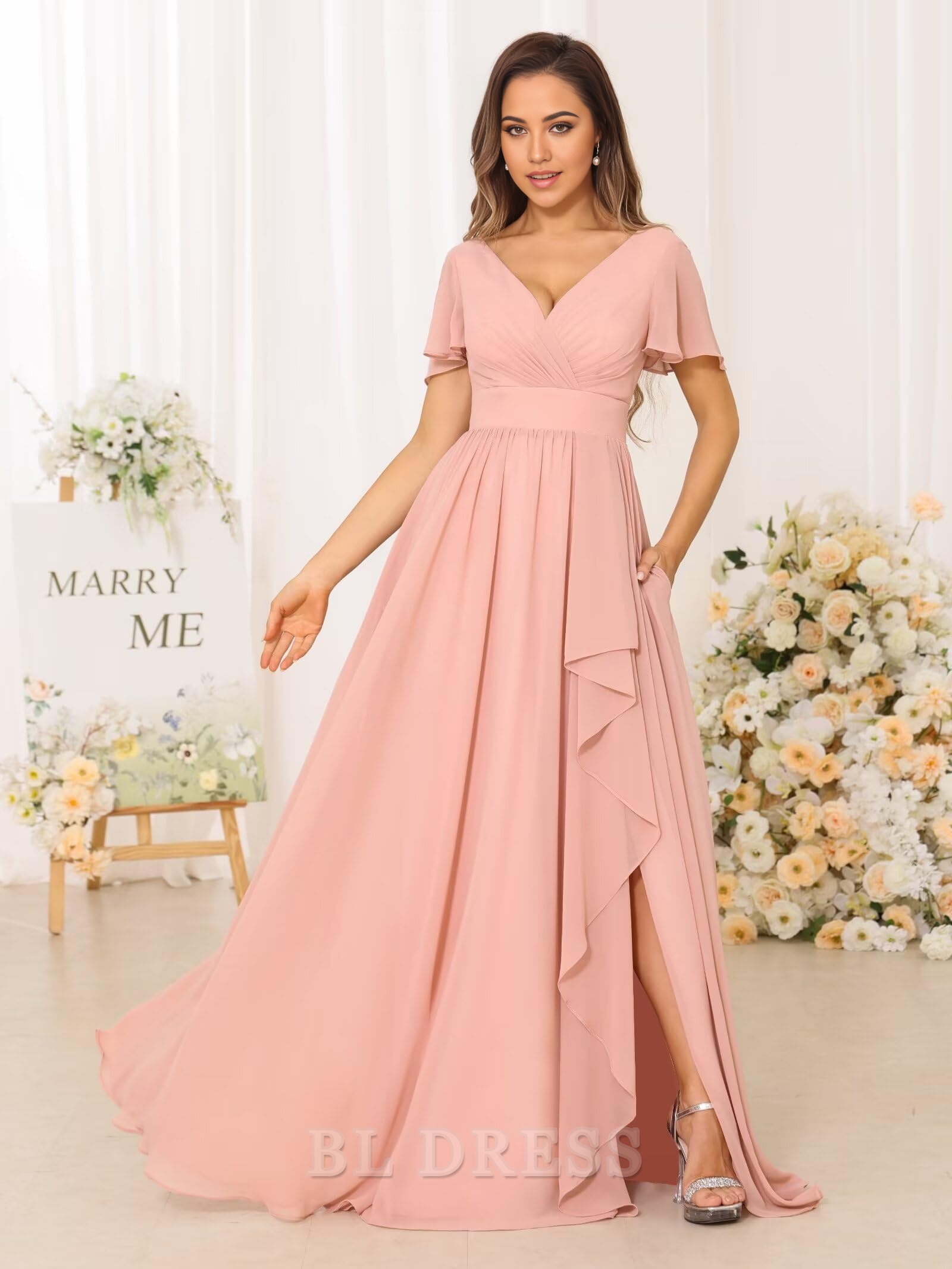 A-line V Neck Chiffon Pleated formal dresses Bridesmaid Dresses evening gown Prom Dress with Slit