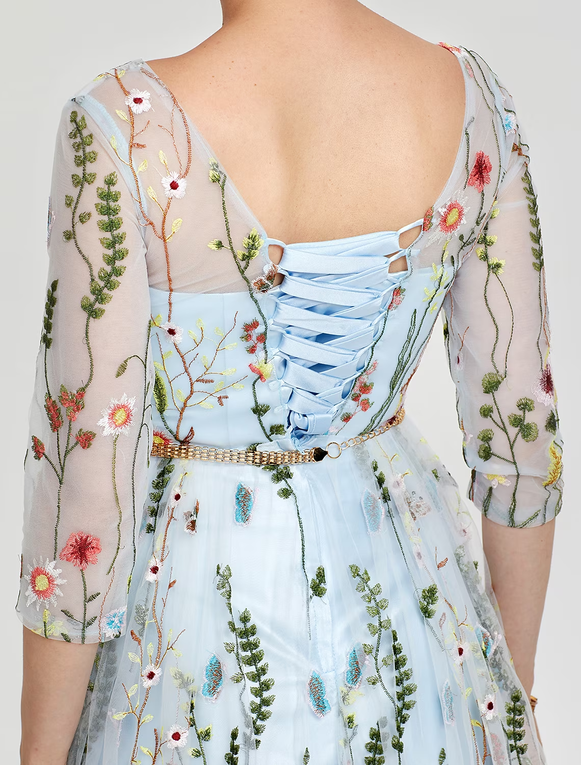 A-Line Empire Dress Party Wear Floor Length Sleeve Illusion Neck Lace with Embroidery