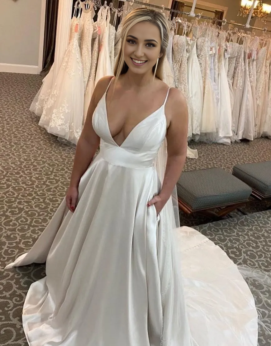 Aimishang Wedding Dress A-Line Spaghetti Straps Court Train Satin