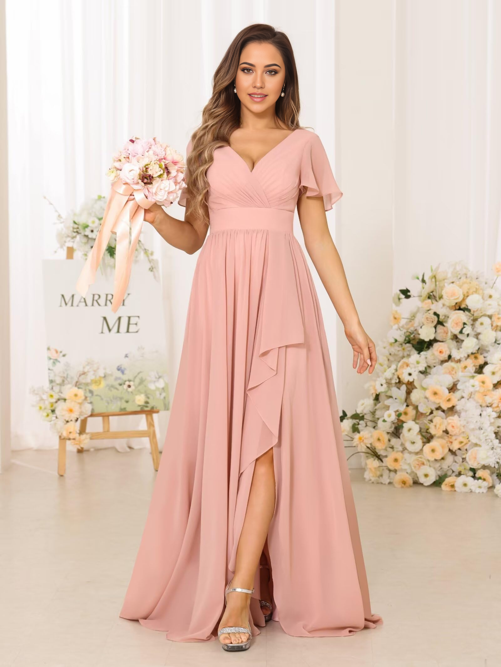 A-line V Neck Chiffon Pleated formal dresses Bridesmaid Dresses evening gown Prom Dress with Slit