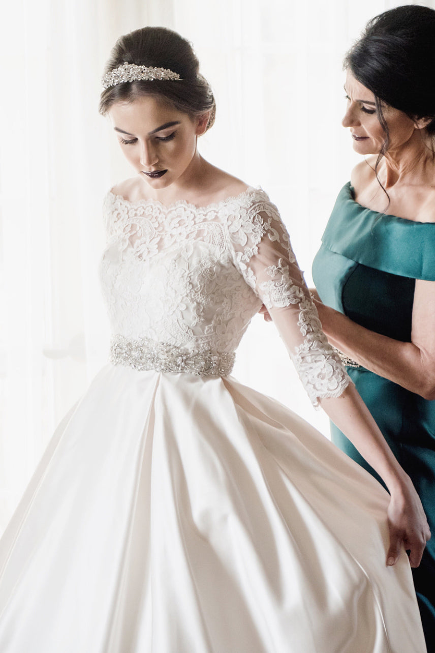 Princess Long Half Sleeves A-line White Wedding Dress with Beads