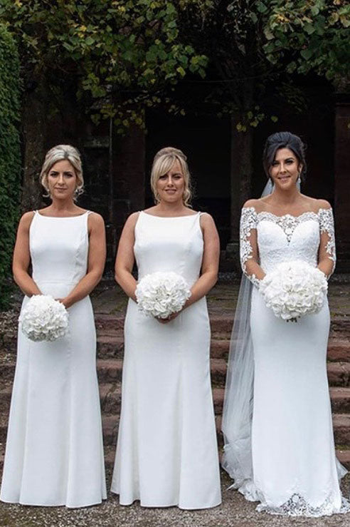 Boat Neck Sleeveless White Bridesmaid Dress with Open Back