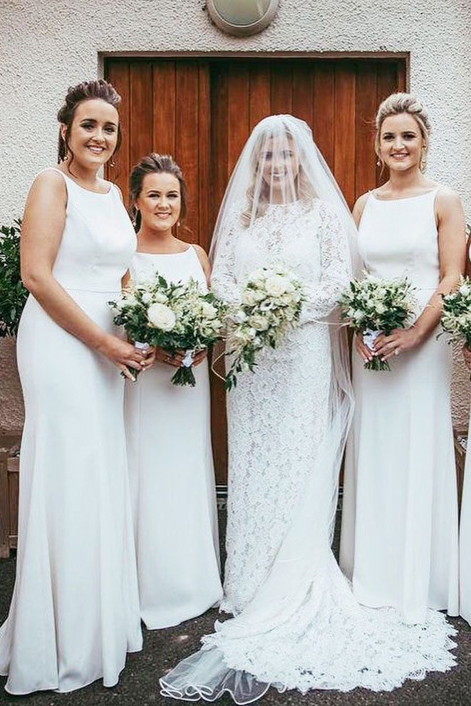 Boat Neck Sleeveless White Bridesmaid Dress with Open Back