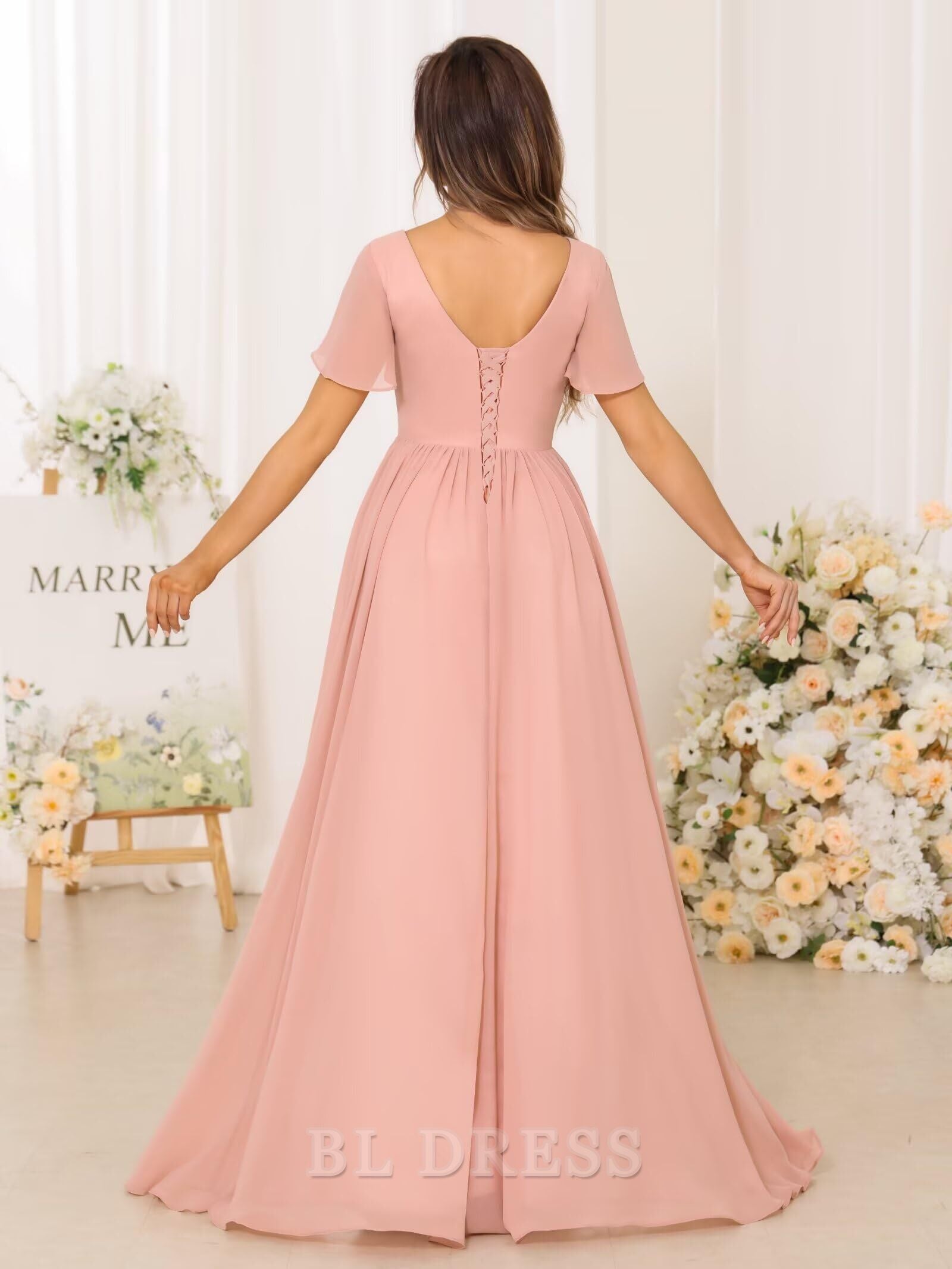 A-line V Neck Chiffon Pleated formal dresses Bridesmaid Dresses evening gown Prom Dress with Slit
