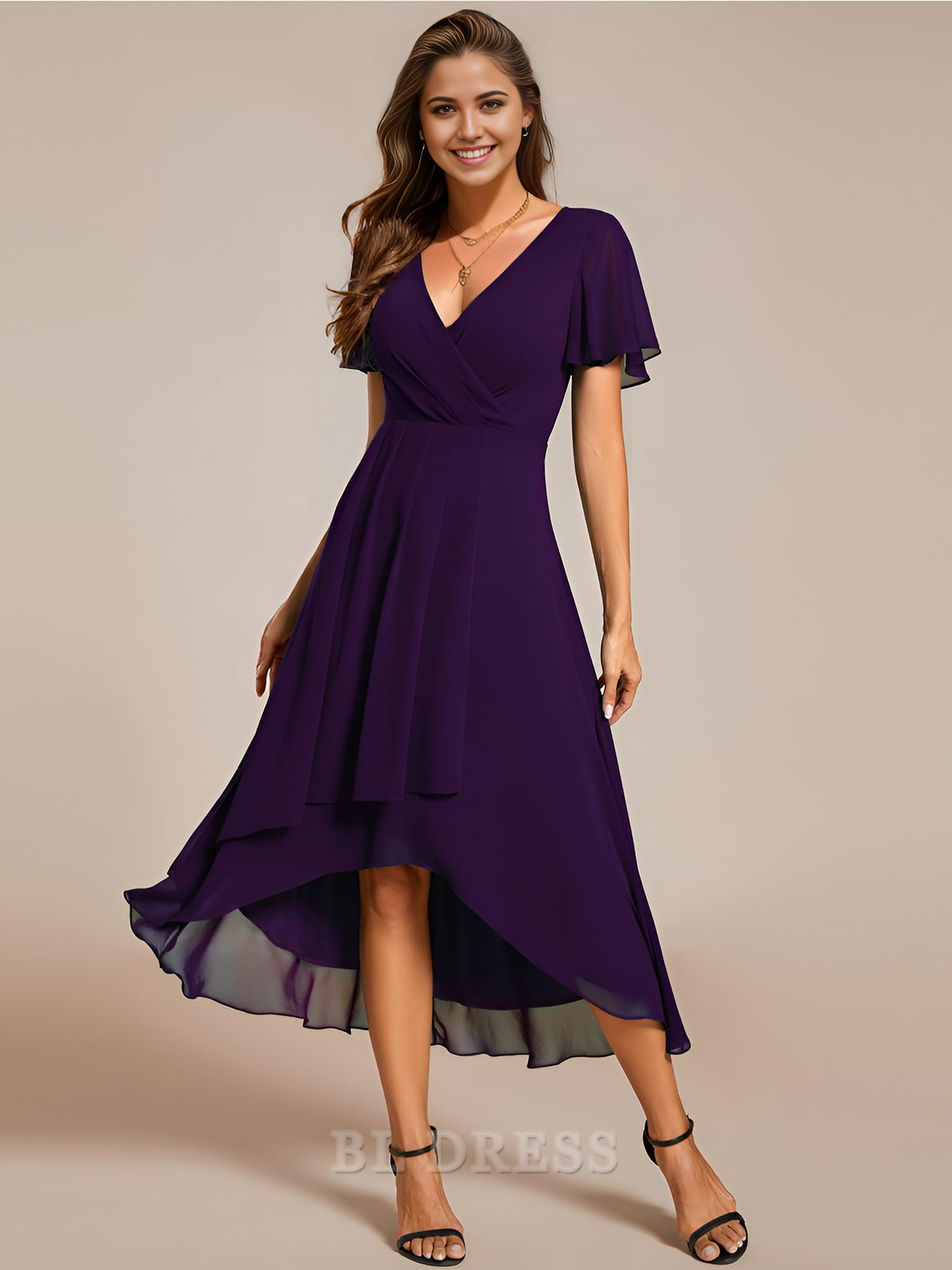 A-line V Neck Chiffon Ruffle Sleeves Pleated High Low formal dresses Bridesmaid Dresses evening gown Prom Dress