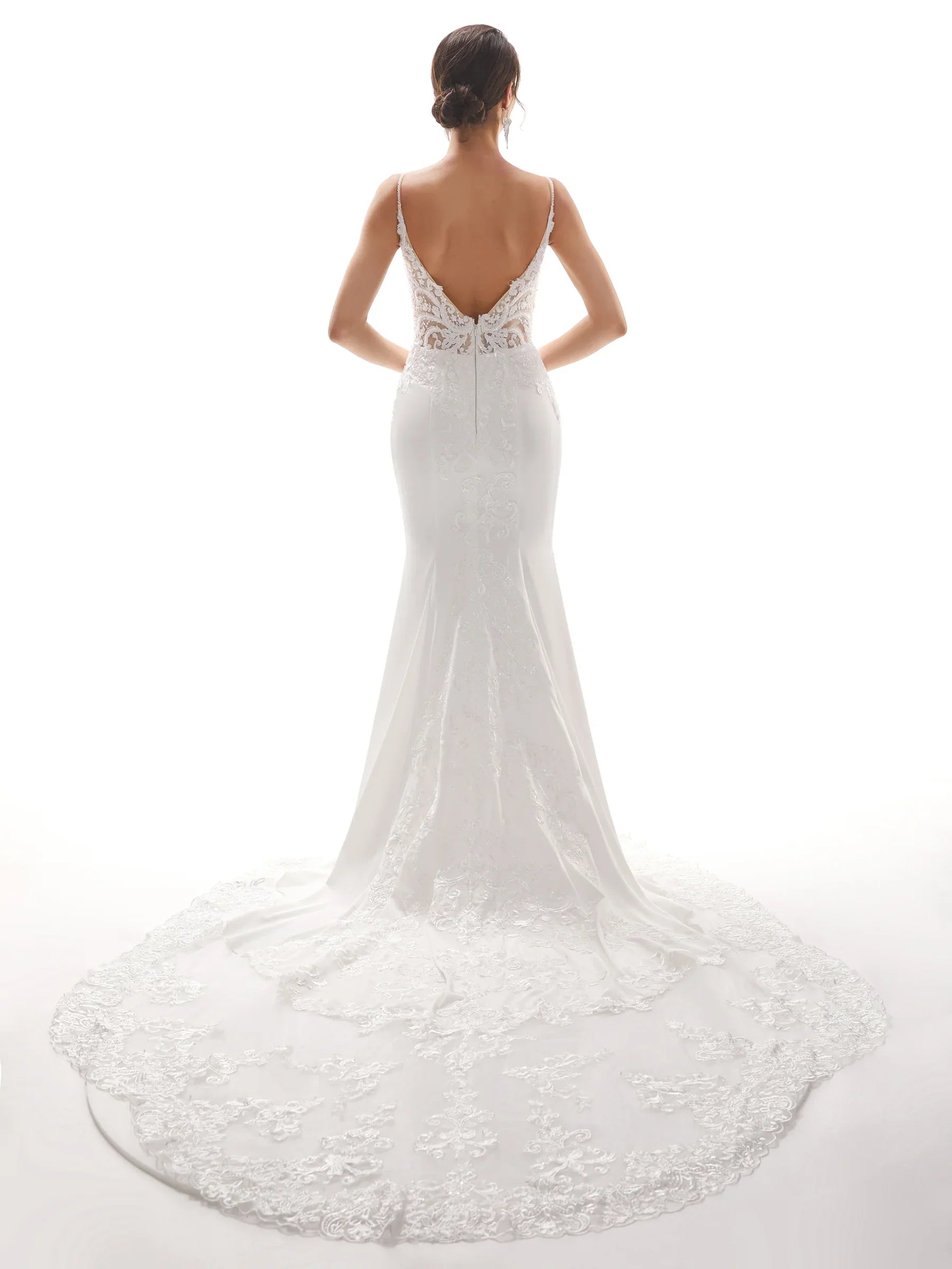 Thin shoulder strap fish tail ivory backless lace wedding dress