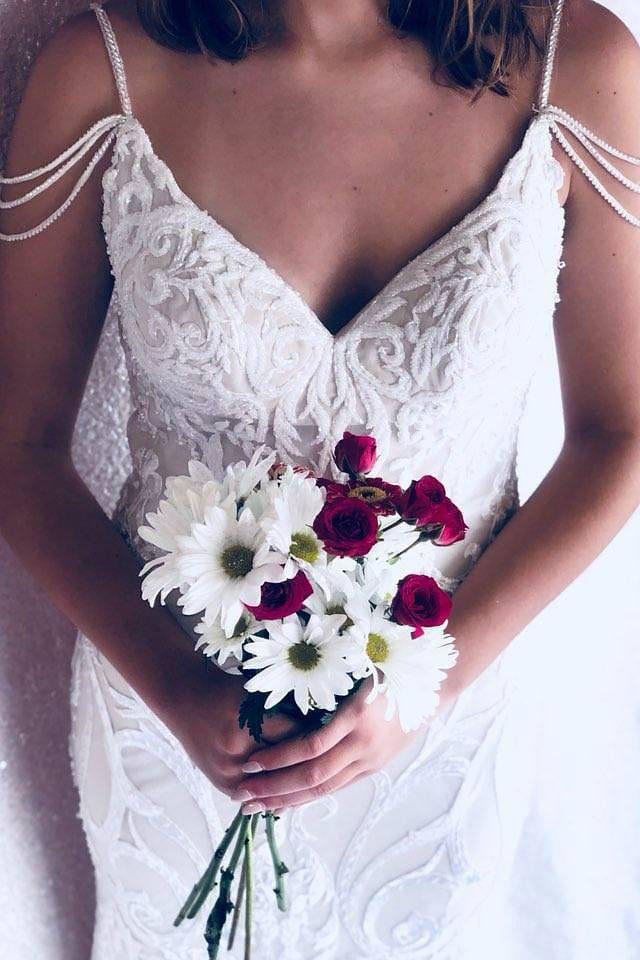 Long Open Back Mermaid V-Neck Ivory Bridal Dress with Lace