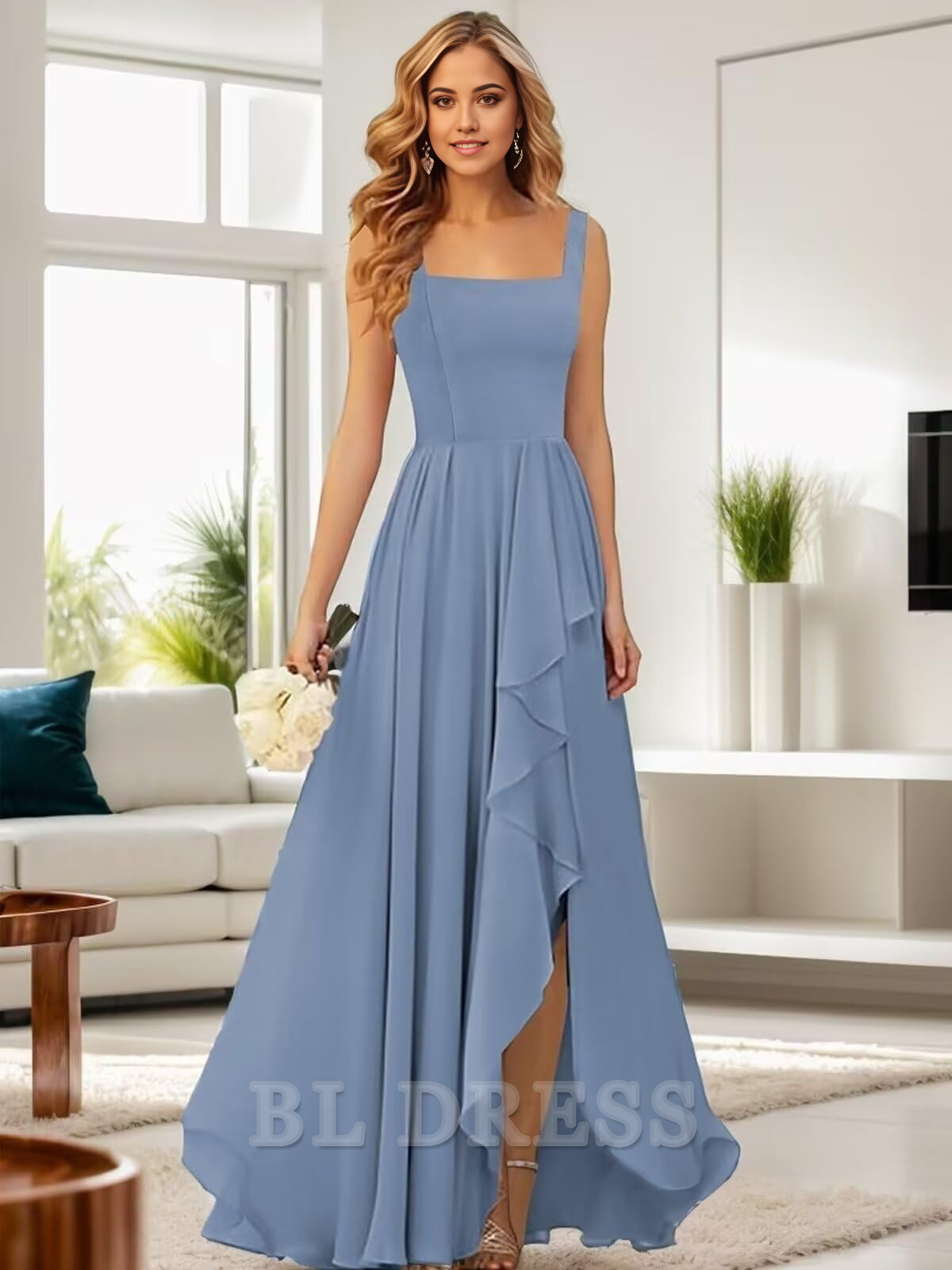 A-line Square Neck Chiffon Ruffle formal dresses Bridesmaid Dresses evening gown Prom Dress with Slit