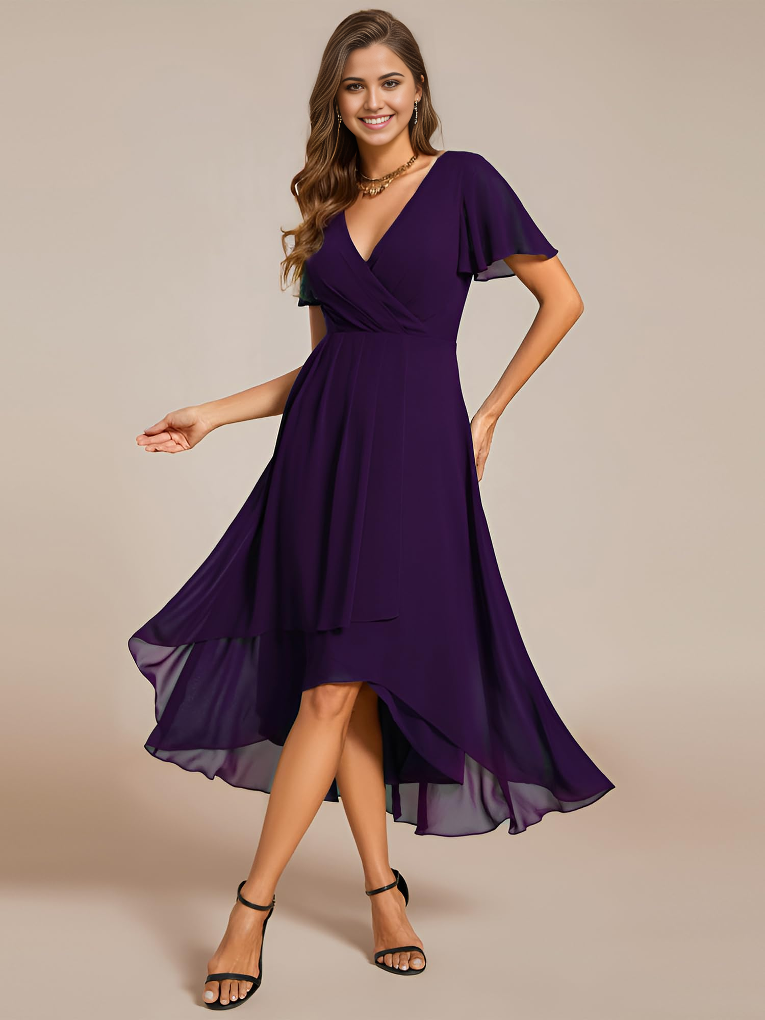 A-line V Neck Chiffon Ruffle Sleeves Pleated High Low formal dresses Bridesmaid Dresses evening gown Prom Dress