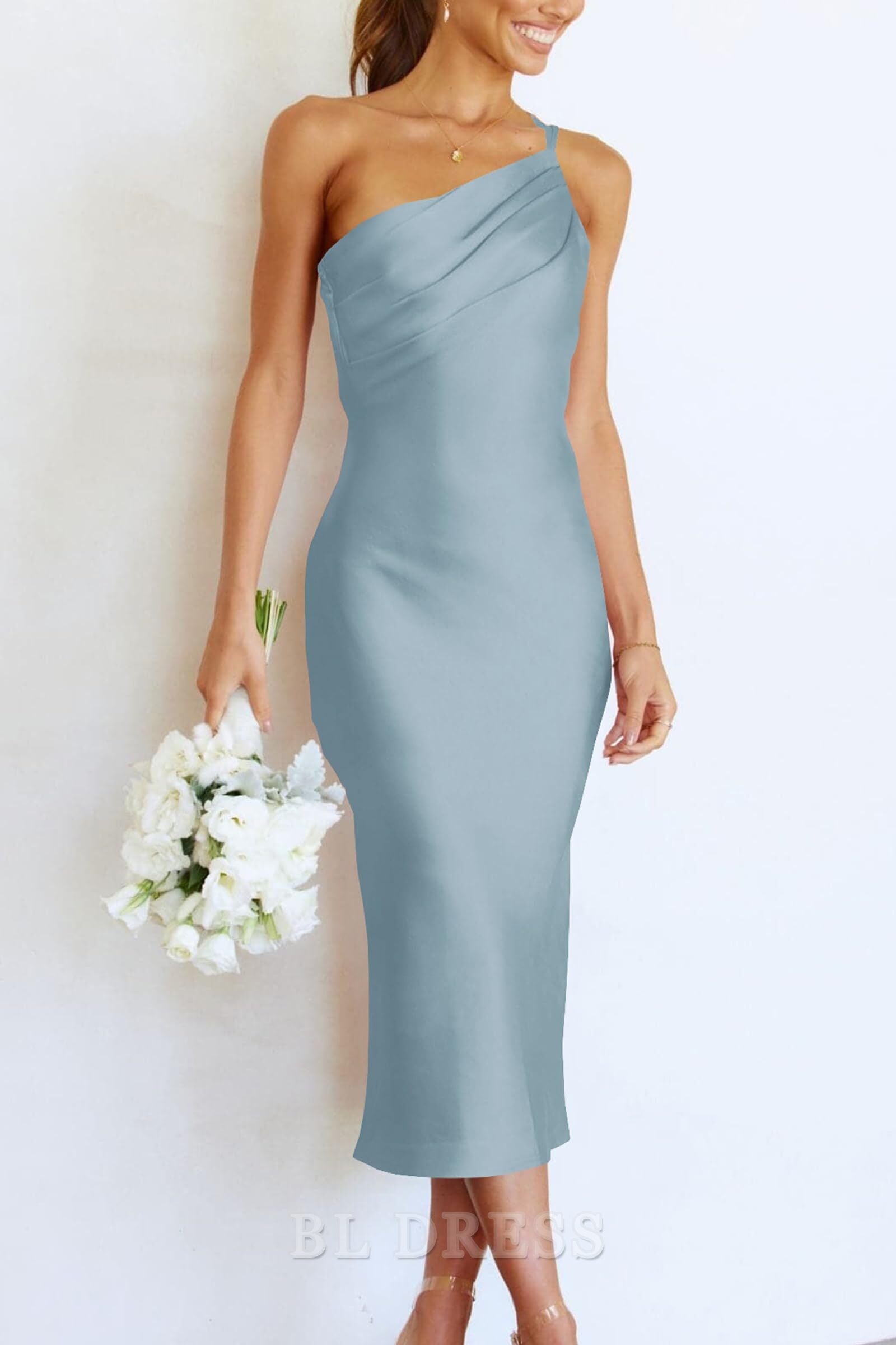 Sheath One Shoulder Spaghetti Strap Backless Ruched Satin Bodycon formal dresses Bridesmaid Dresses evening gown Prom Dress