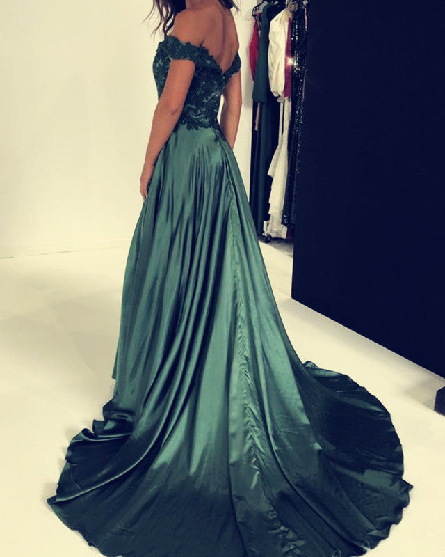 Elegant Lace V-neck Off-the-shoulder Long Satin Split Prom Dresses