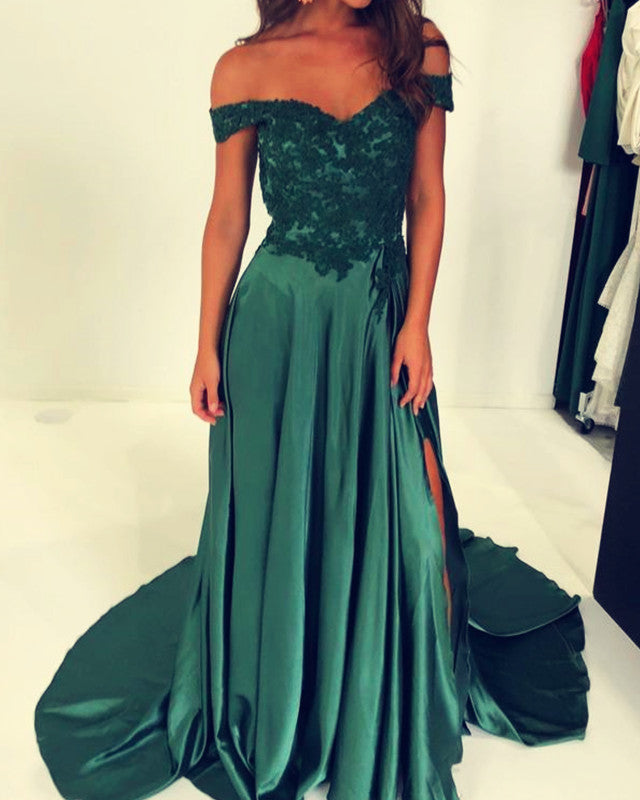 Elegant Lace V-neck Off-the-shoulder Long Satin Split Prom Dresses