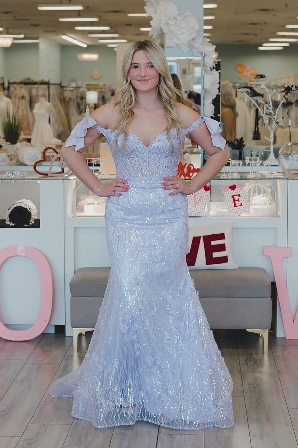 Mermaid Off the Shoulder Lilac Sequins Long Prom Dresses