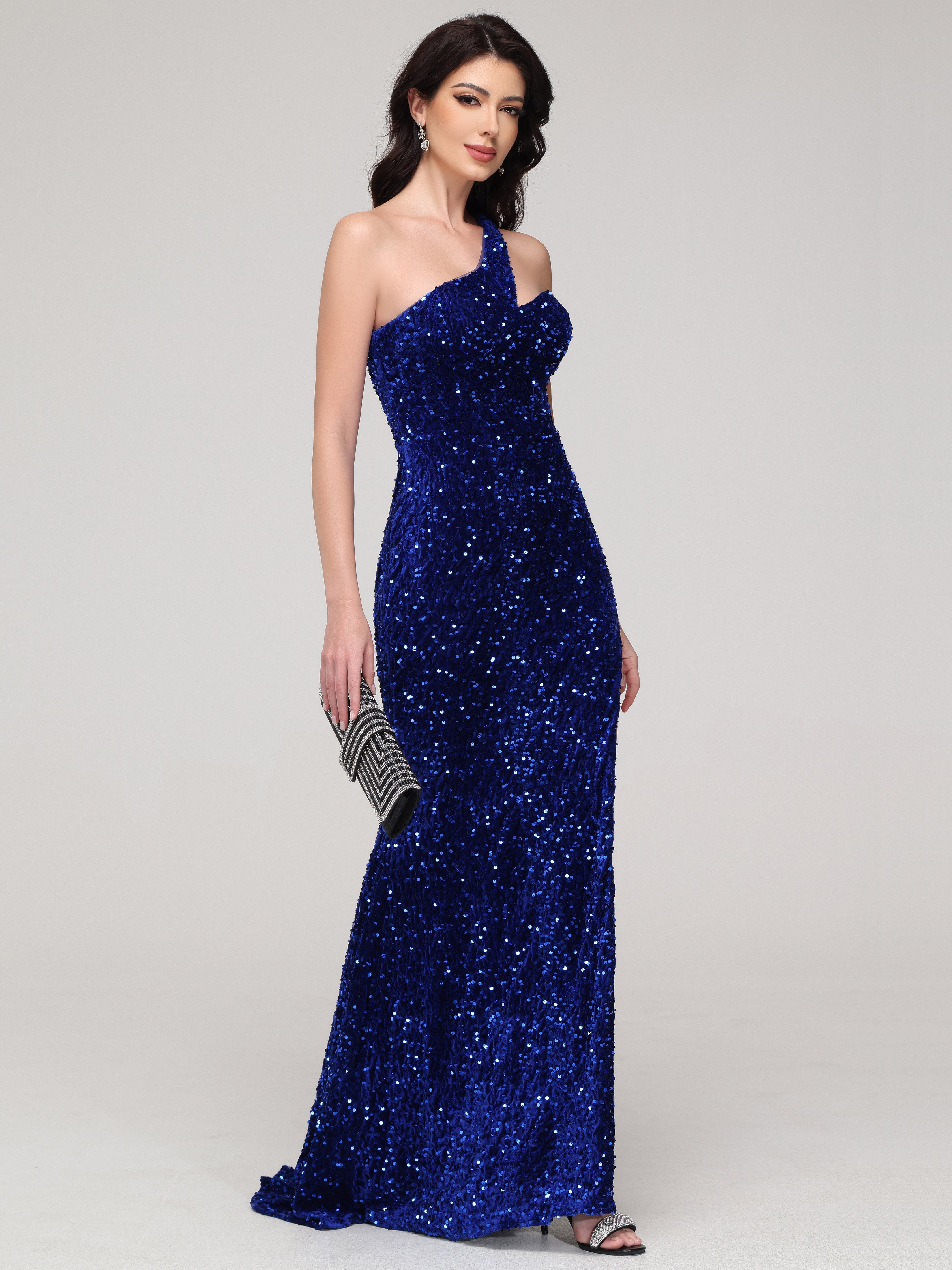 Sheath/Column One-Shoulder Sequins Sweep Train Velvet Prom Dress With Split