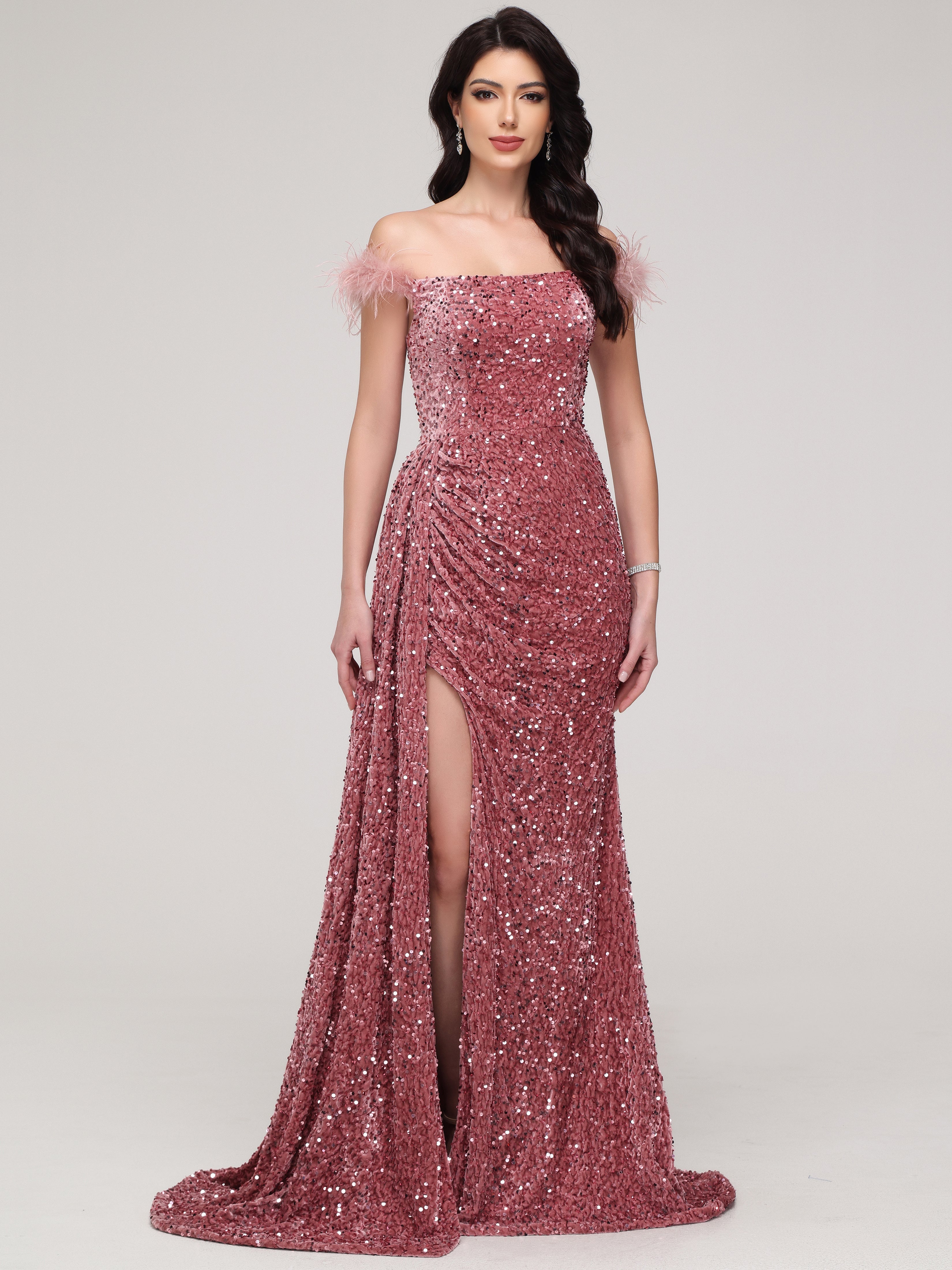 Off The Shoulder Sequins Sweep Train Velvet Prom Dress With Split