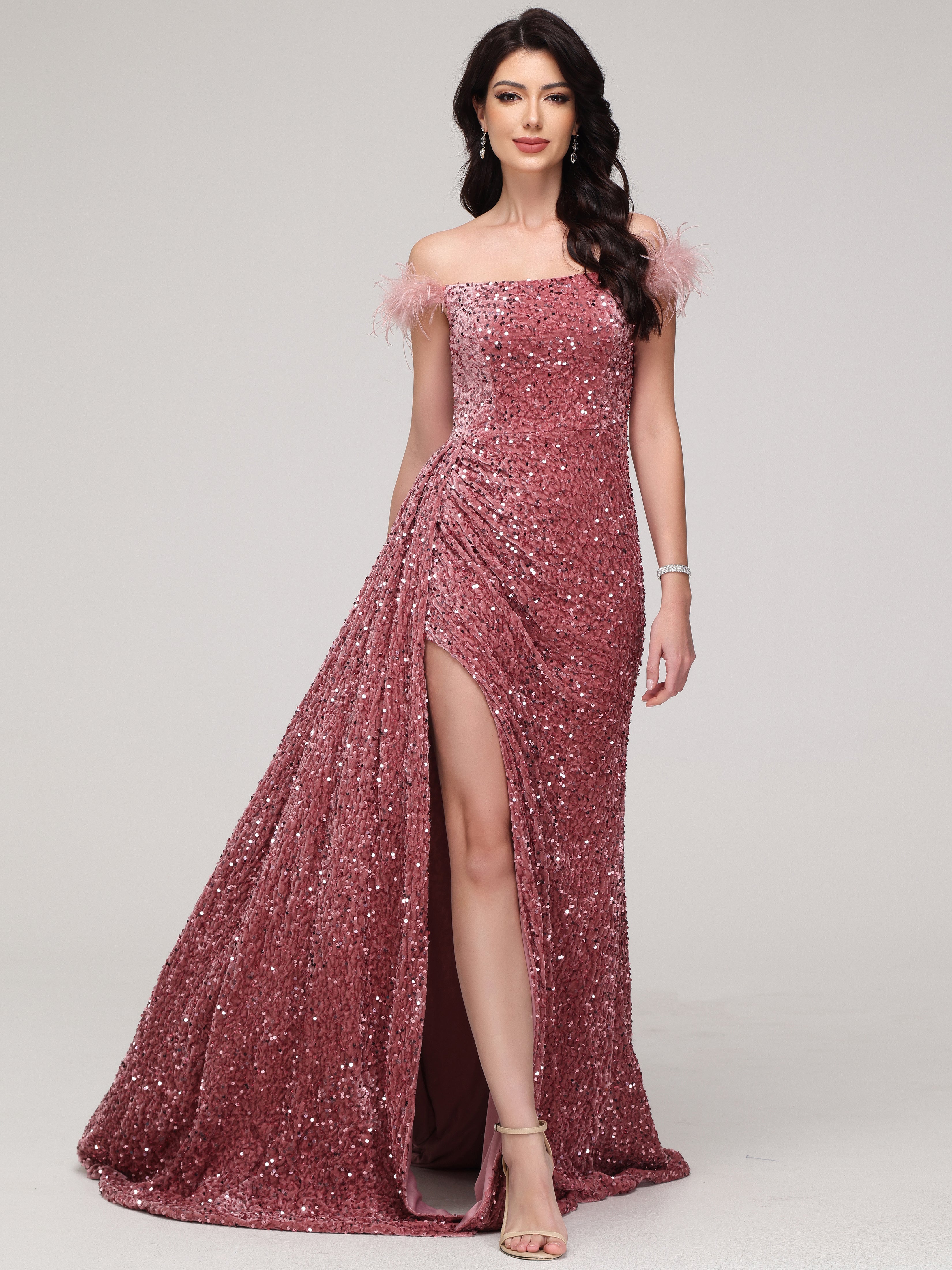 Off The Shoulder Sequins Sweep Train Velvet Prom Dress With Split