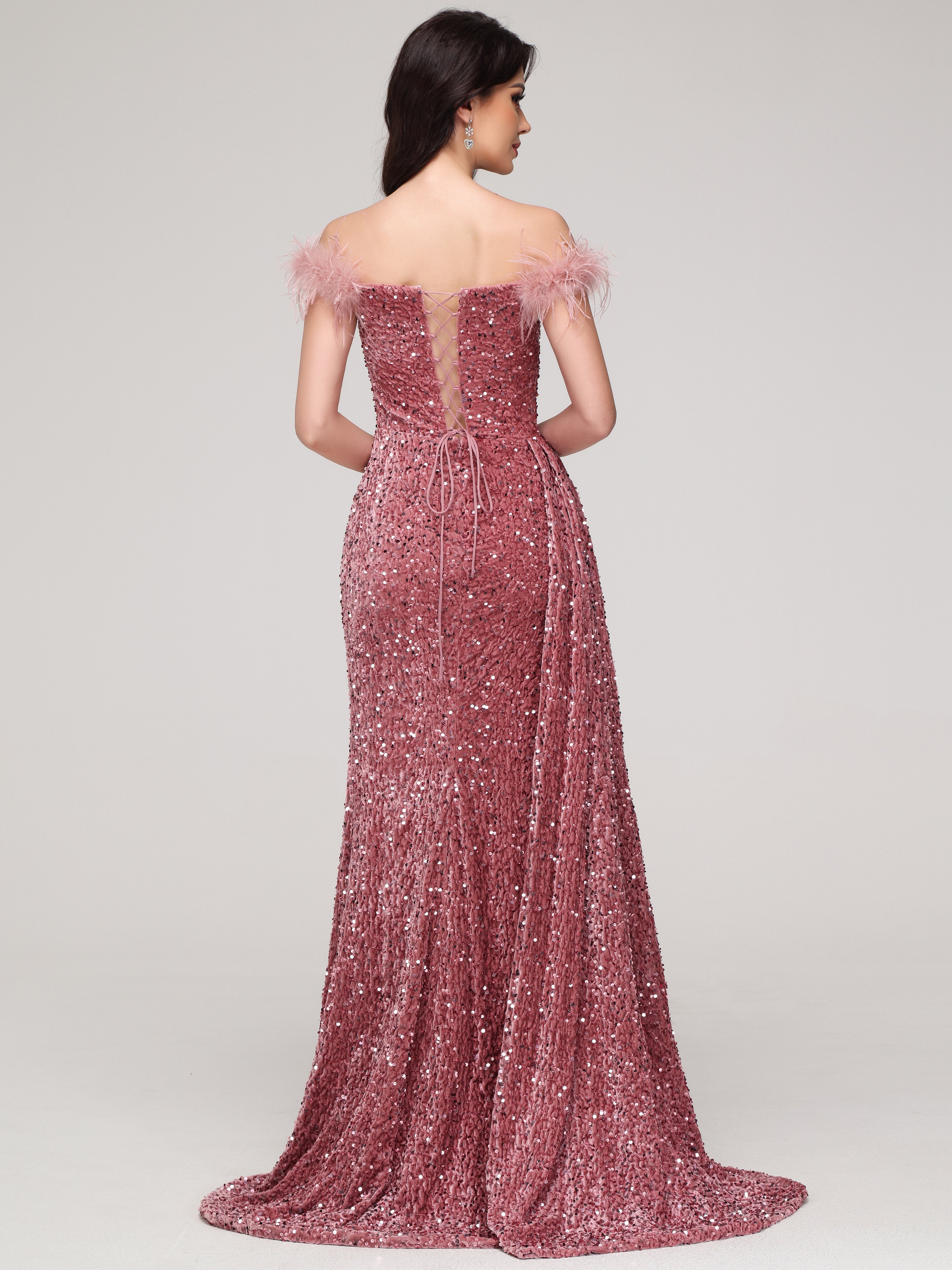 Off The Shoulder Sequins Sweep Train Velvet Prom Dress With Split