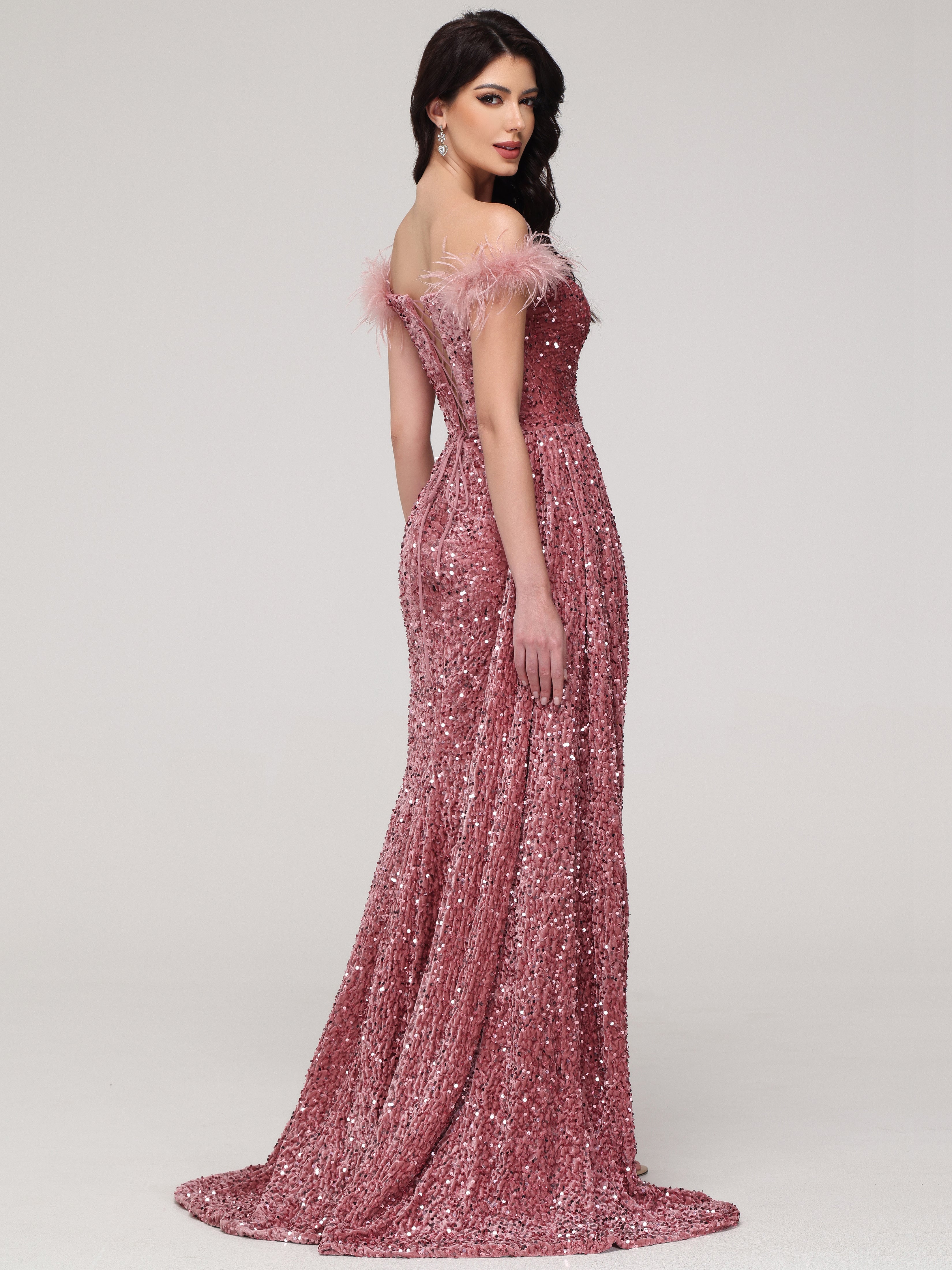 Off The Shoulder Sequins Sweep Train Velvet Prom Dress With Split