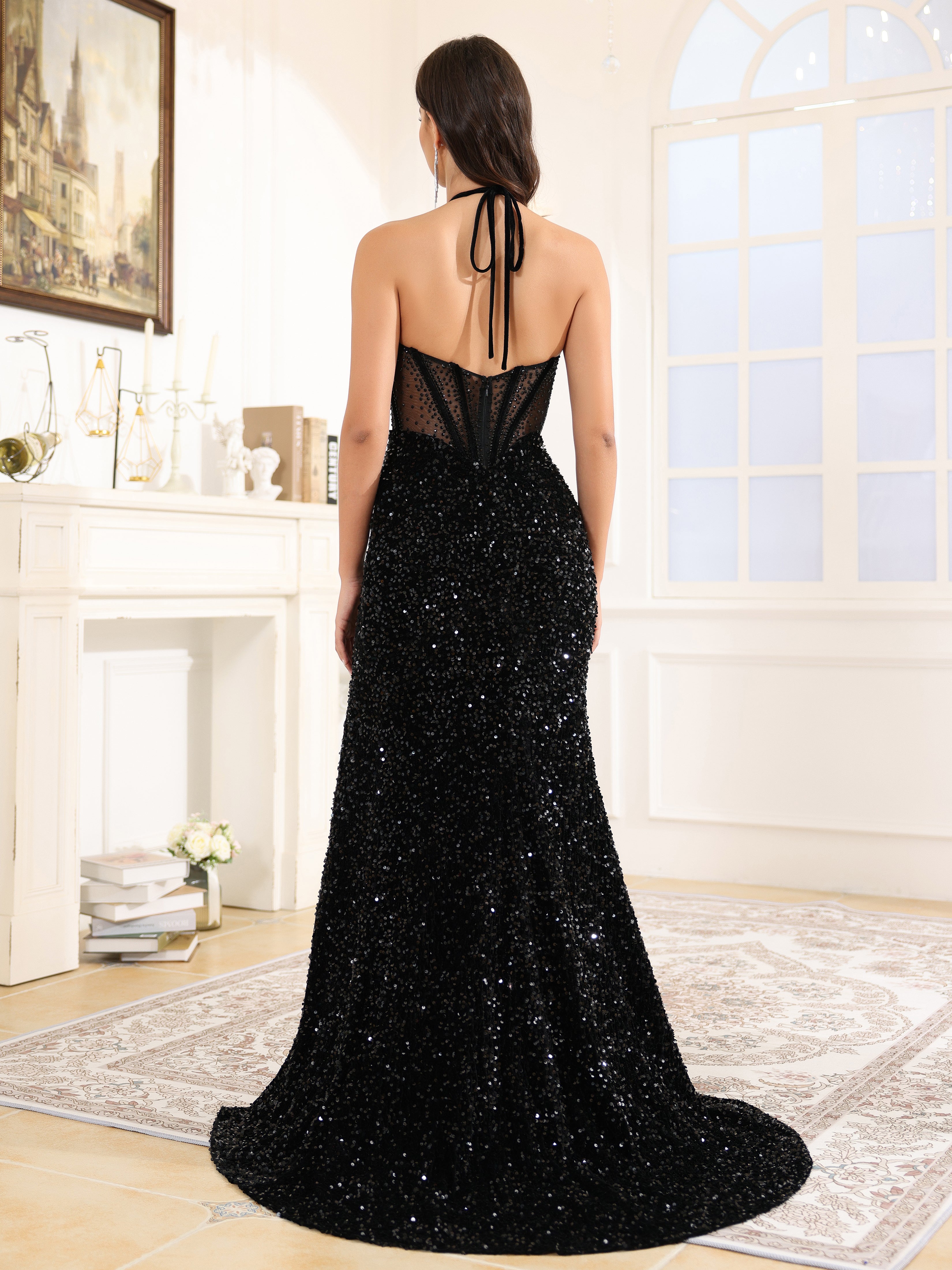 Halter Sleeveless Sequins Sweep Train Prom Dress