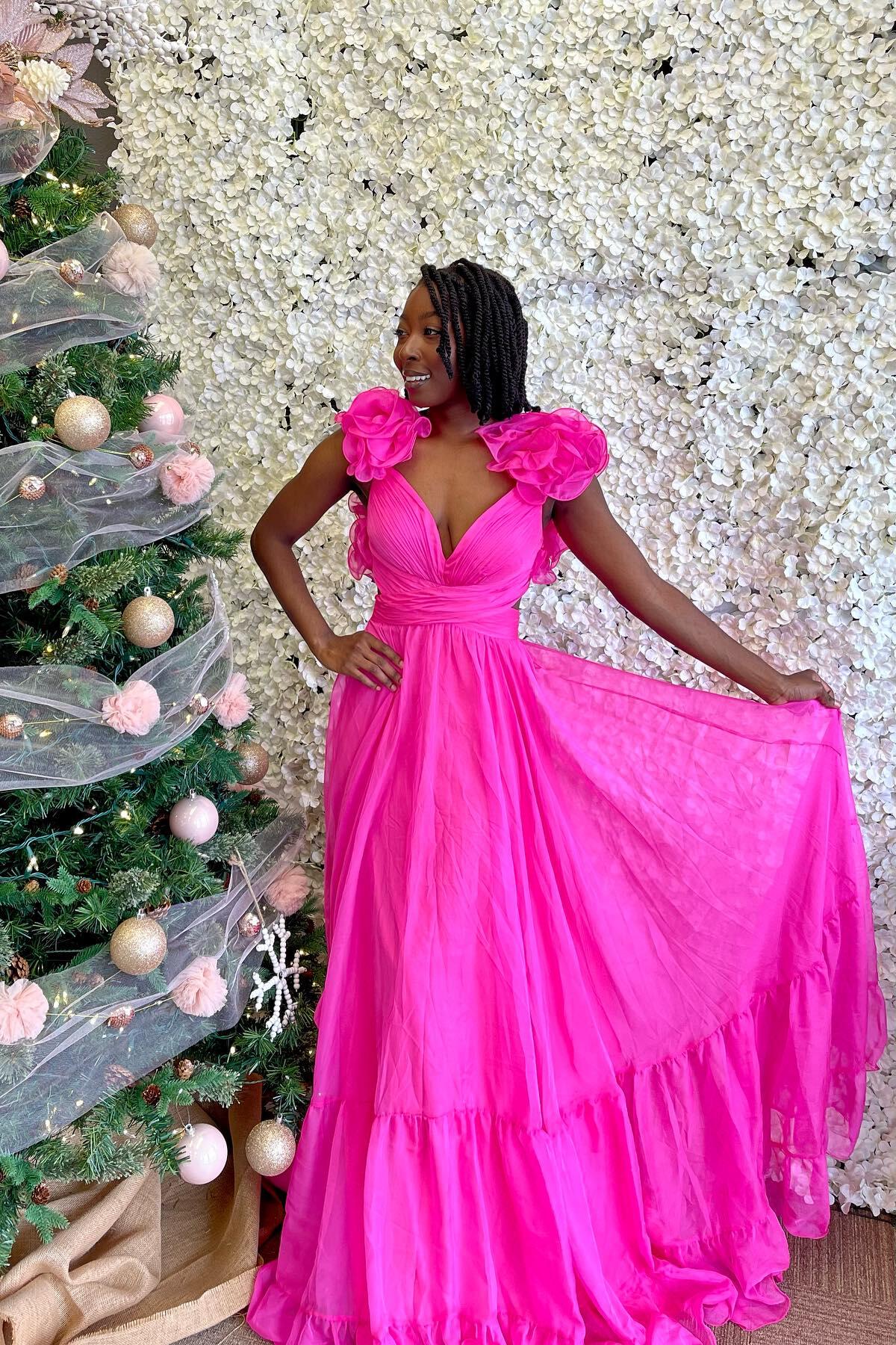 Aimishang Ruffles Fuchsia Chiffon A-line Boho Dress Prom Dress Charming Evening Party Dress