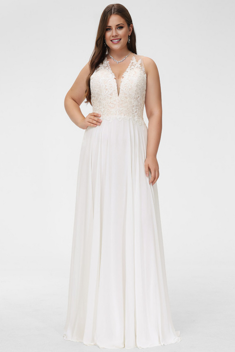 A-line V-neck sweeping trailing sleeveless lace chiffon wedding dress