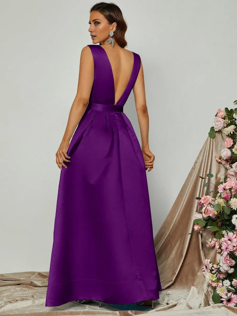 V-neck sleeveless pleated and floor length formal dress