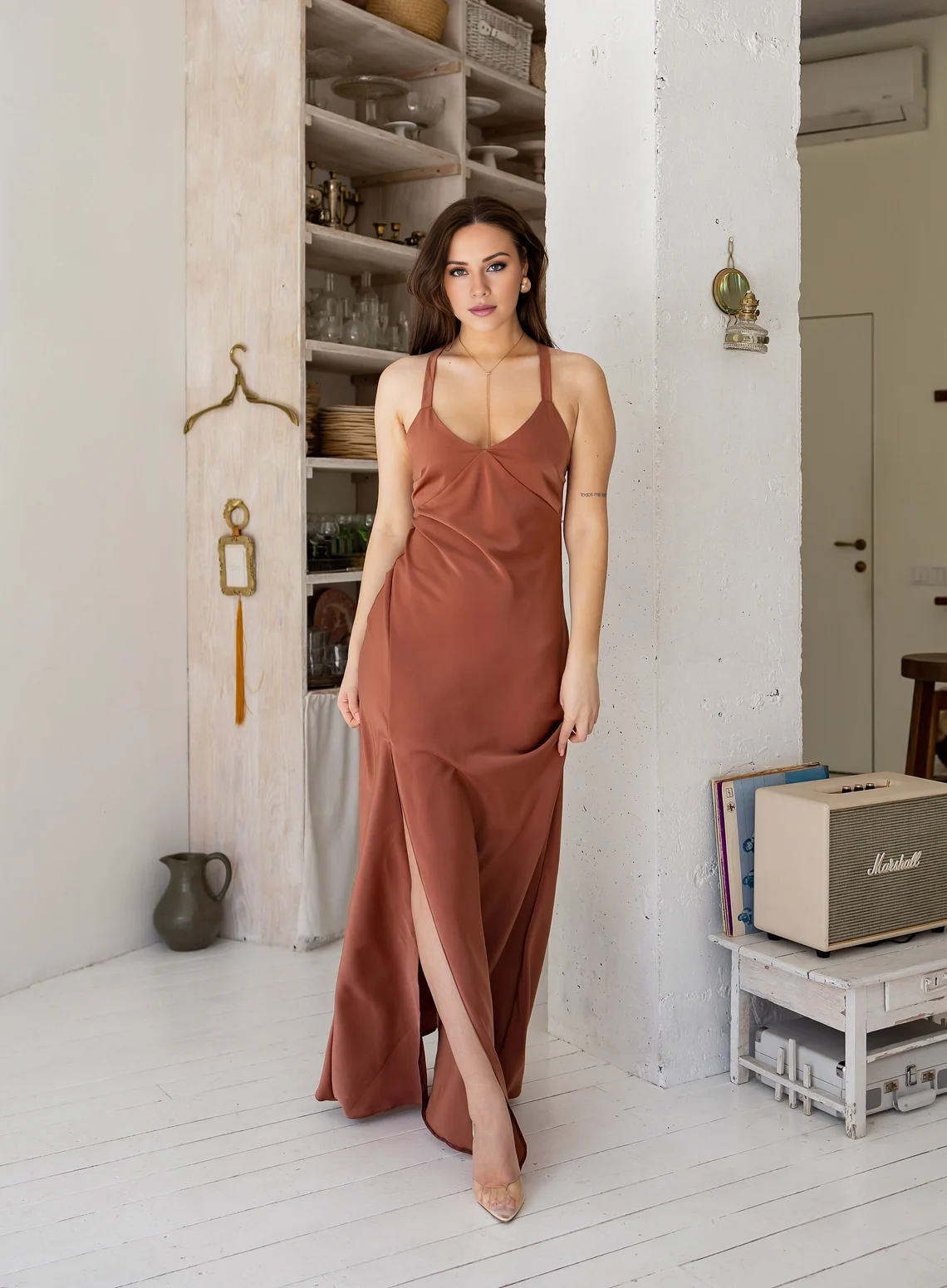 Jimiss slim shoulder strap V-neck side slit and floor length Prom dress