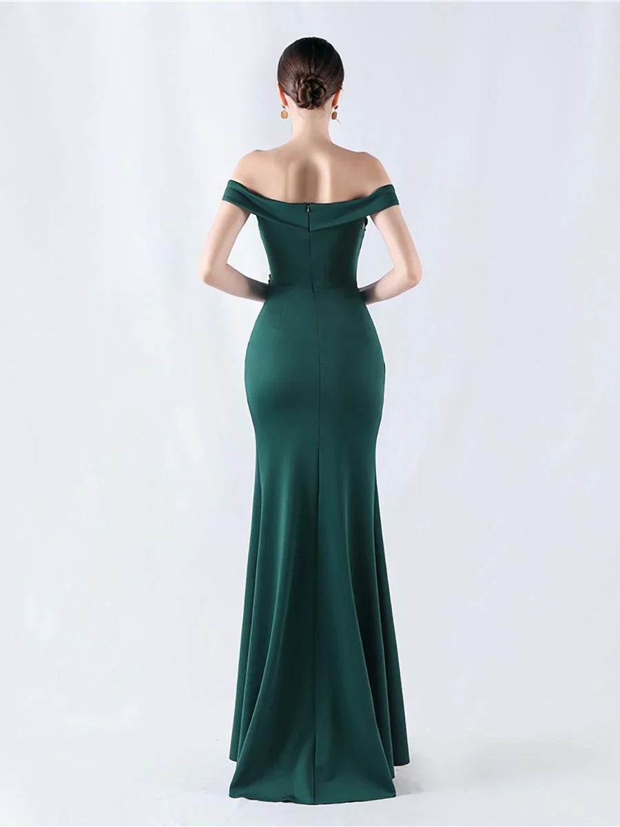 Off shoulder pleated slit and floor length gown evening dresses