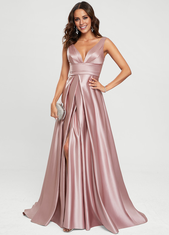 A-line V-neck floor-sweeping satin prom dress